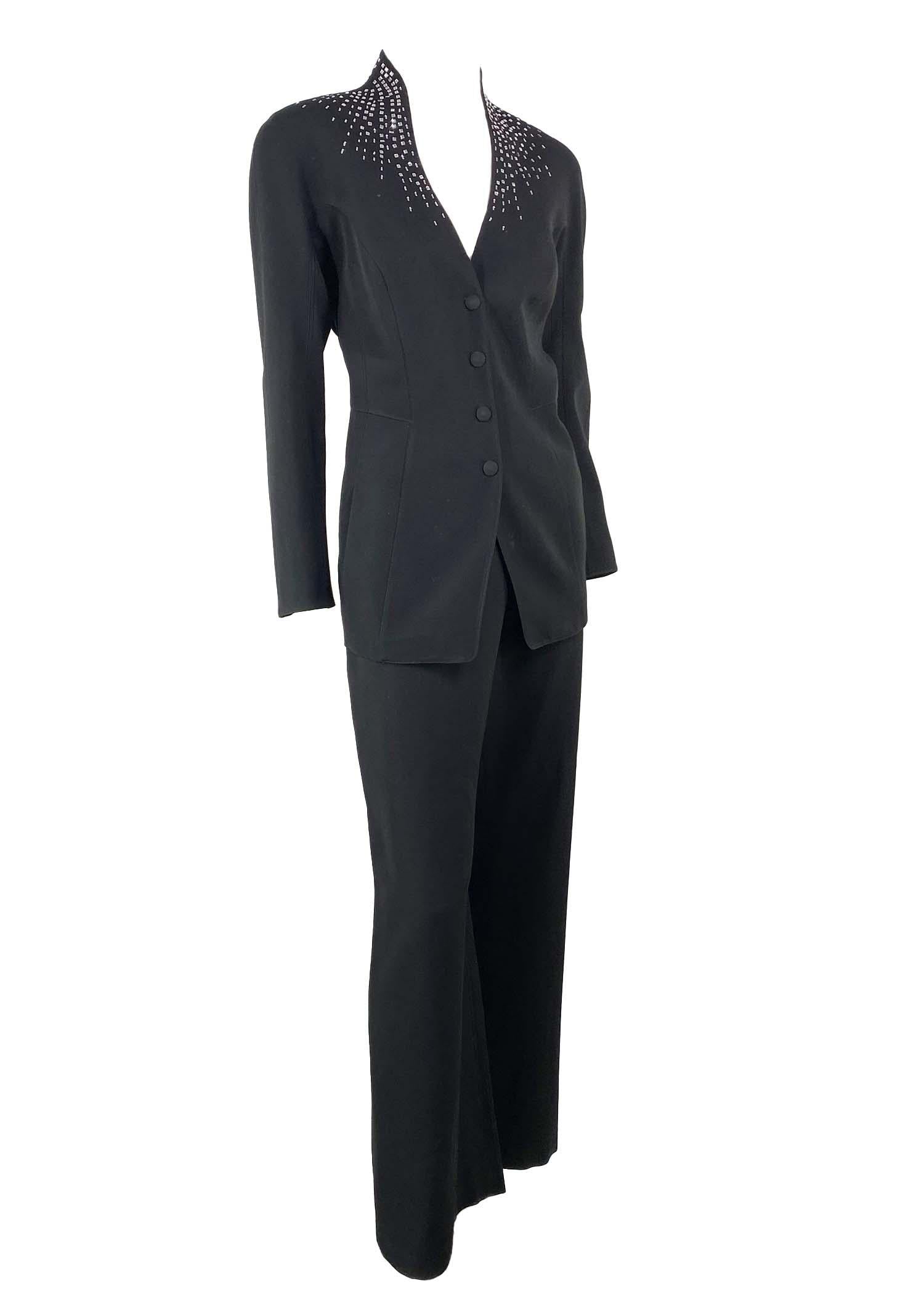 1990s Thierry Mugler Square Rhinestone Wide Leg Pantsuit