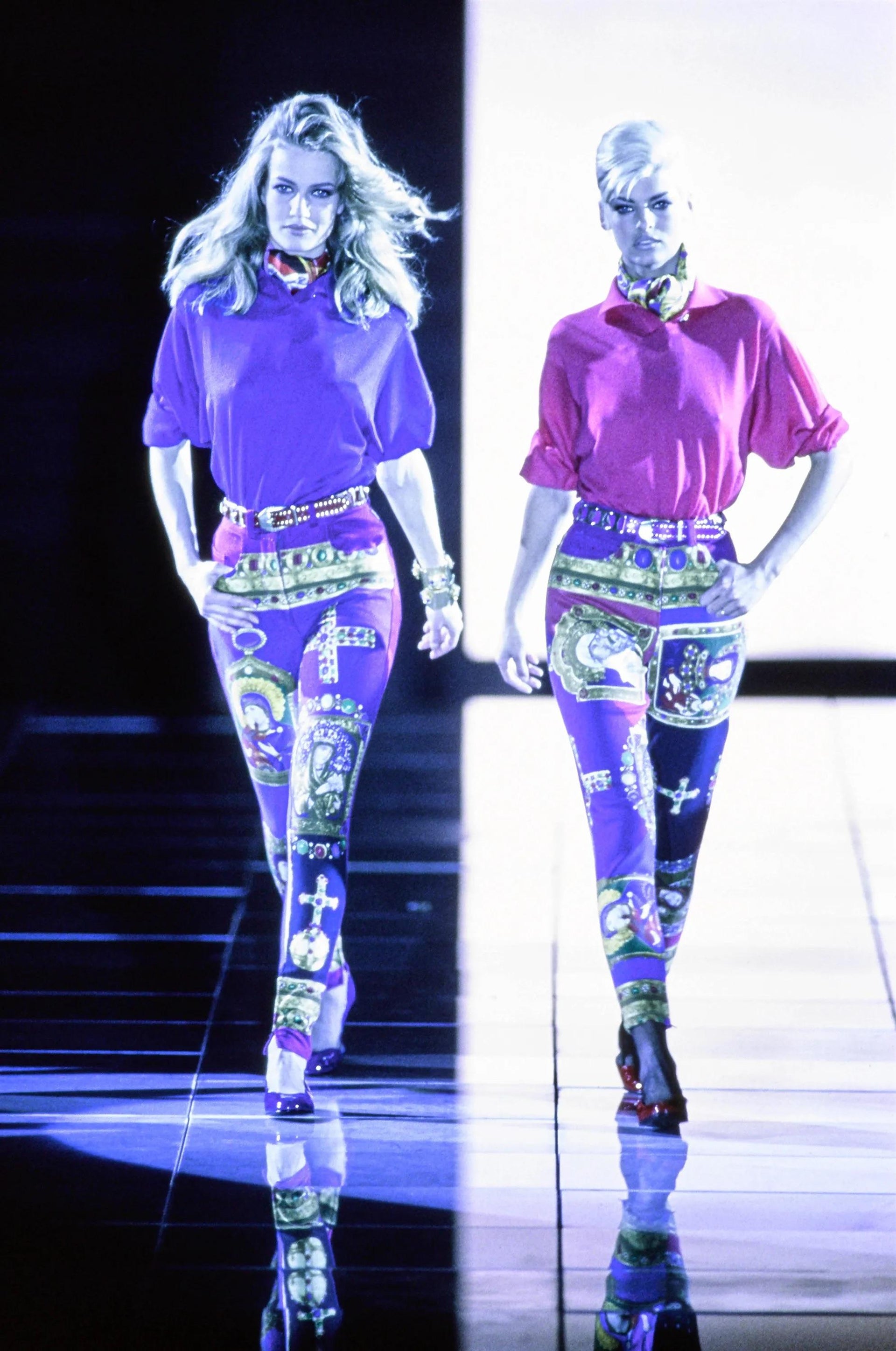 F/W 1991 Gianni Versace Purple Multicolor Gem Tone Baroque Print Denim Pants