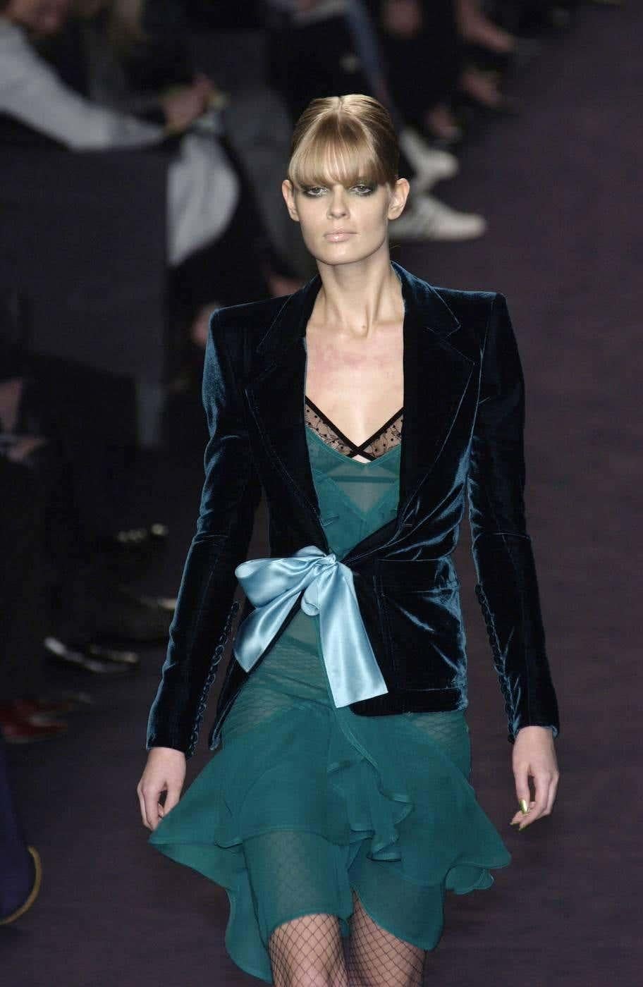 F/W 2003 Yves Saint Laurent by Tom Ford Runway Emerald Green Ruffle Silk Dress