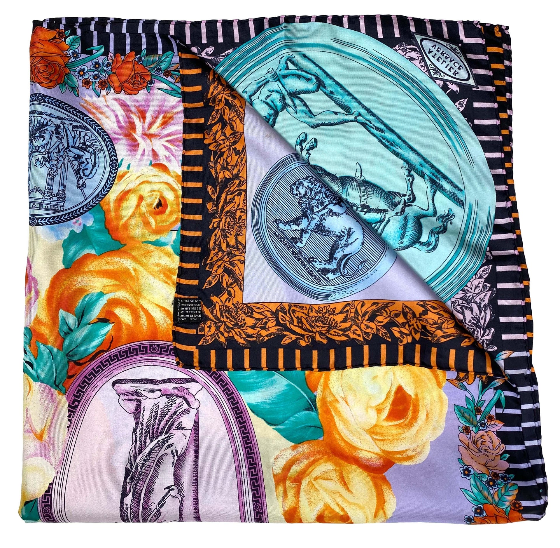 Early 1990s Atelier Versace by Gianni Floral Medallion Silk Square Scarf