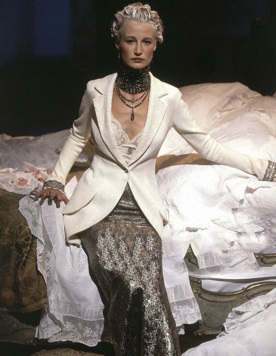 S/S 1998 Christian Dior by John Galliano Runway Lace Trim Navy Tweed Long Jacket