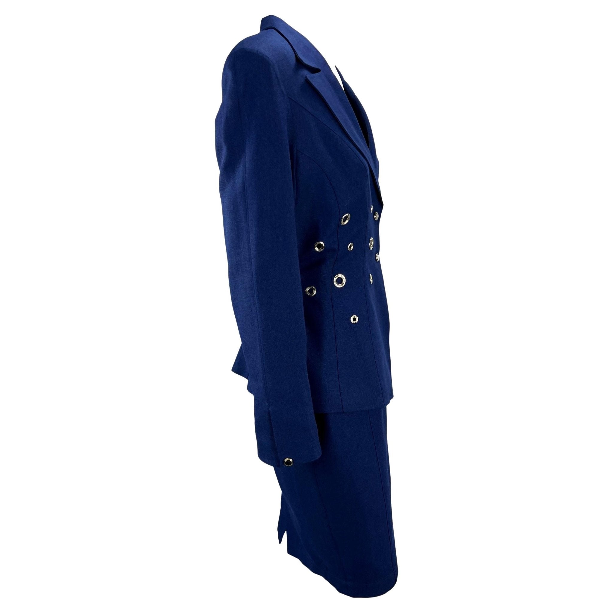 Cruise 1993 Thierry Mugler Navy Blue Eyelet Cutout Skirt Suit - RealList