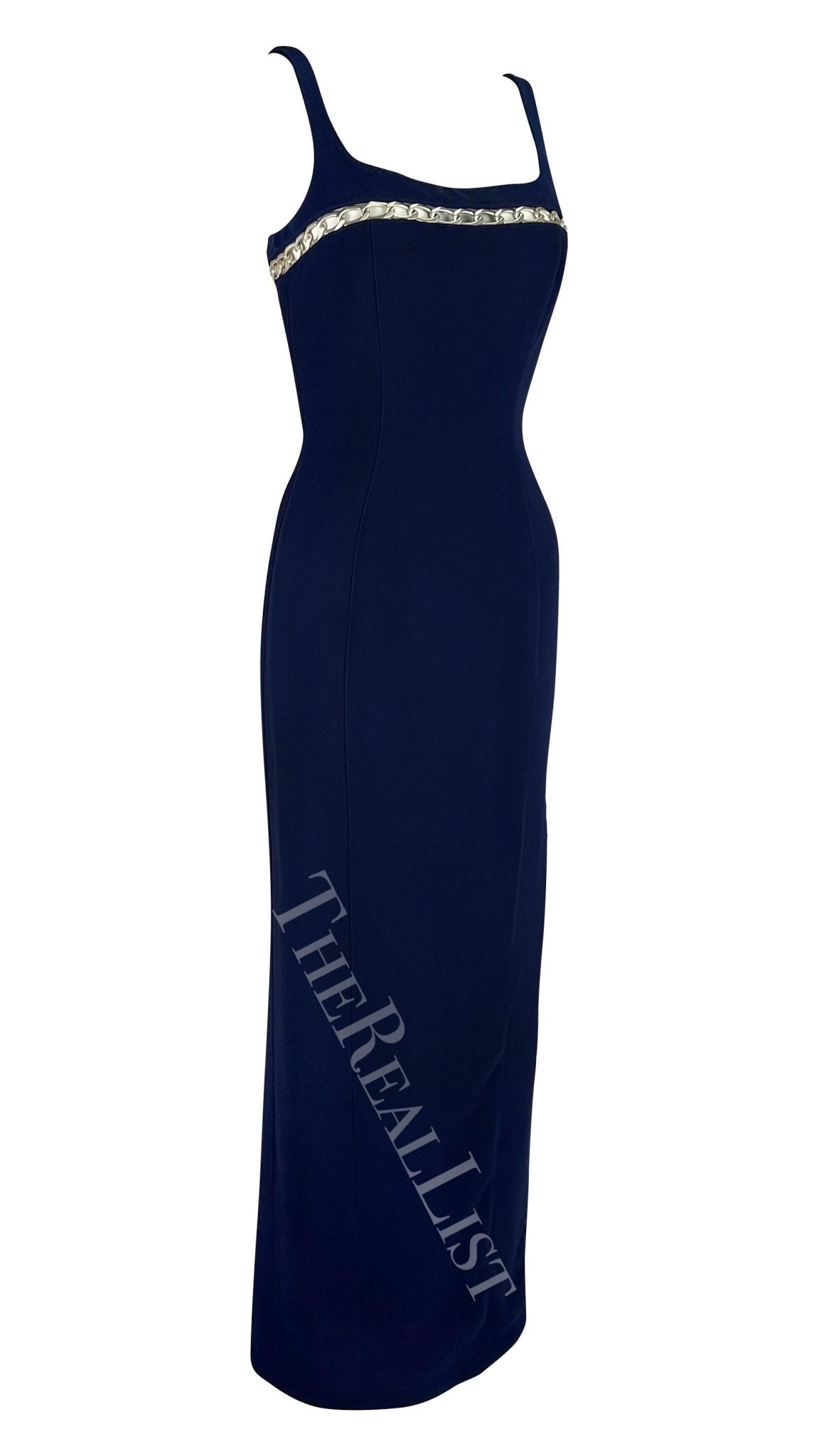 Cruise 1999 Thierry Mugler Navy Silver Chain Cutout Accent Slit Gown - RealList