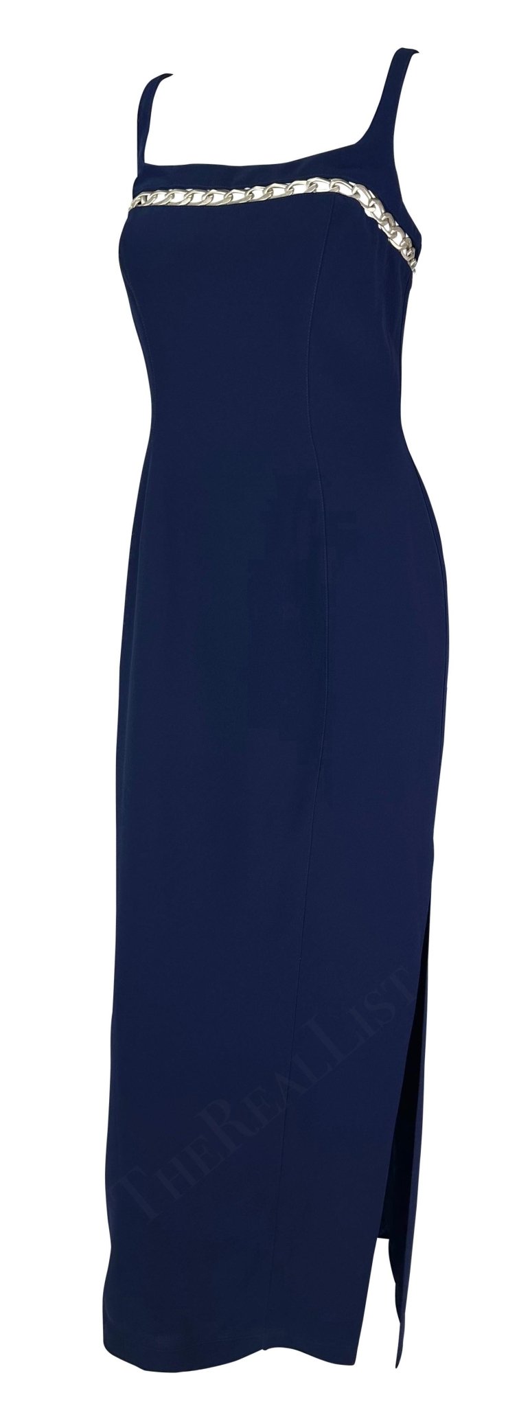 Cruise 1999 Thierry Mugler Navy Silver Chain Cutout Accent Slit Gown - RealList