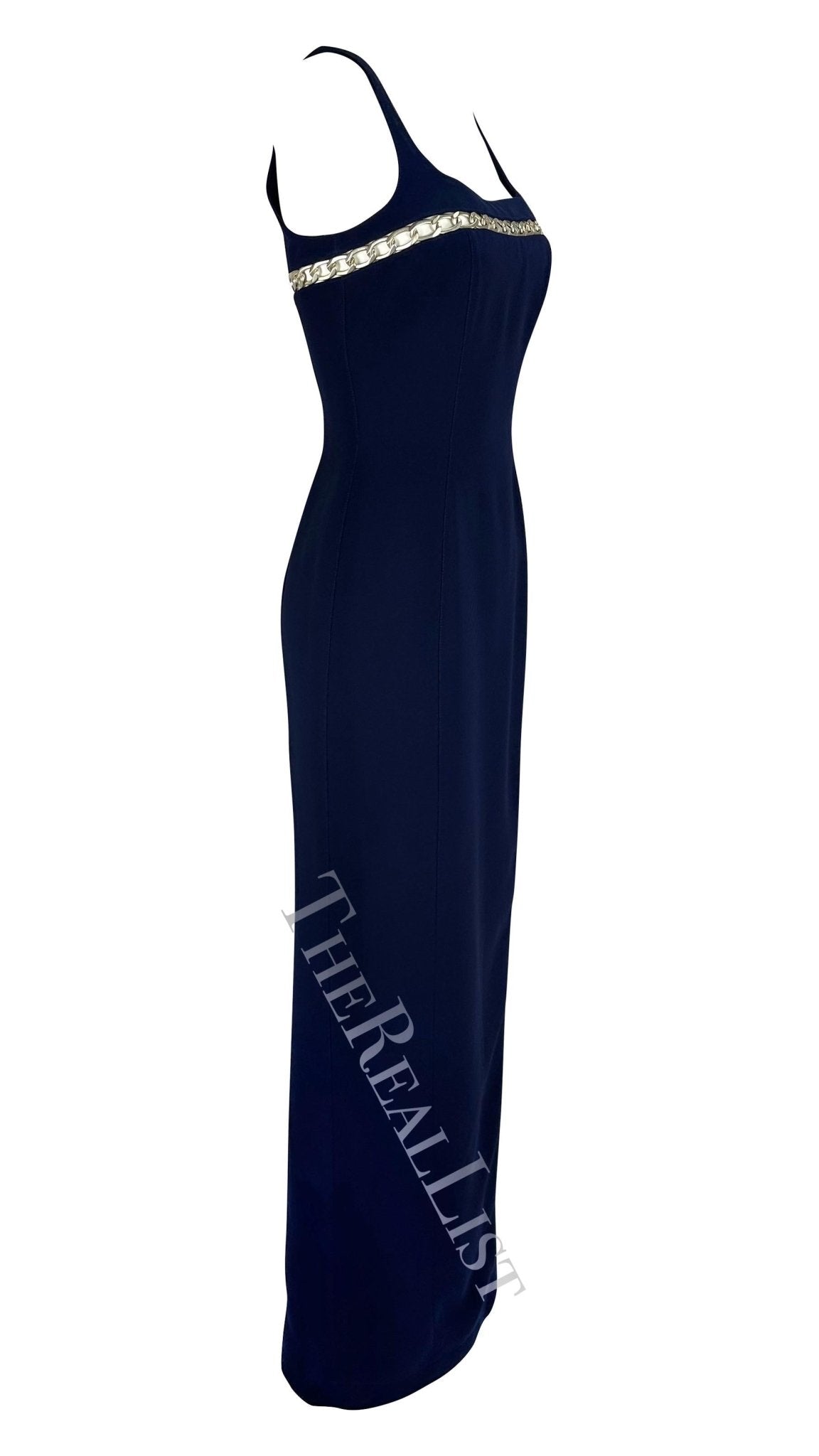 Cruise 1999 Thierry Mugler Navy Silver Chain Cutout Accent Slit Gown - RealList