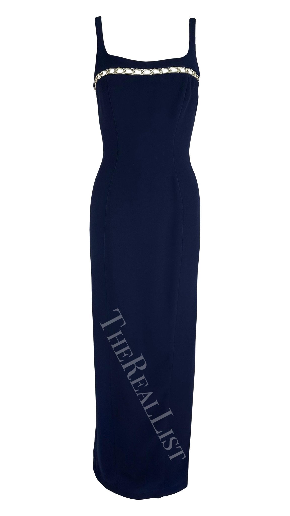 Cruise 1999 Thierry Mugler Navy Silver Chain Cutout Accent Slit Gown - RealList