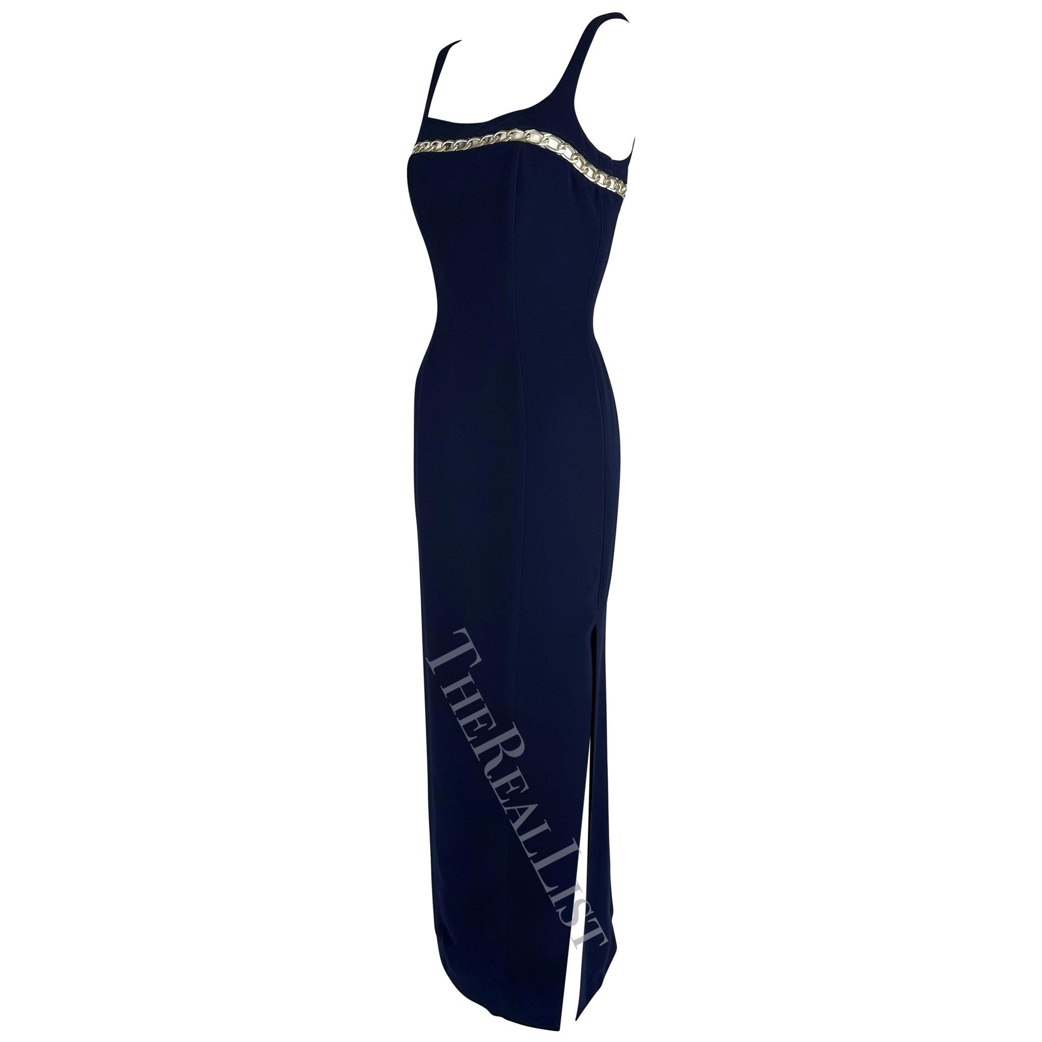 Cruise 1999 Thierry Mugler Navy Silver Chain Cutout Accent Slit Gown - RealList