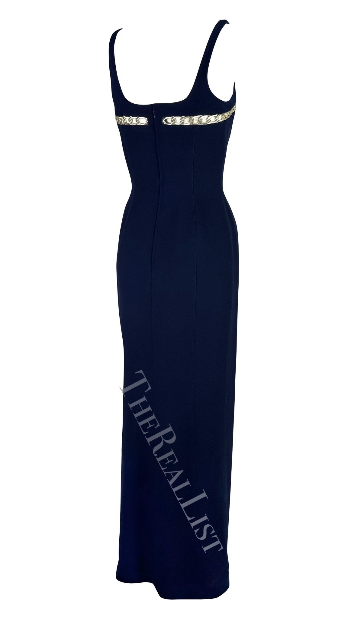 Cruise 1999 Thierry Mugler Navy Silver Chain Cutout Accent Slit Gown - RealList