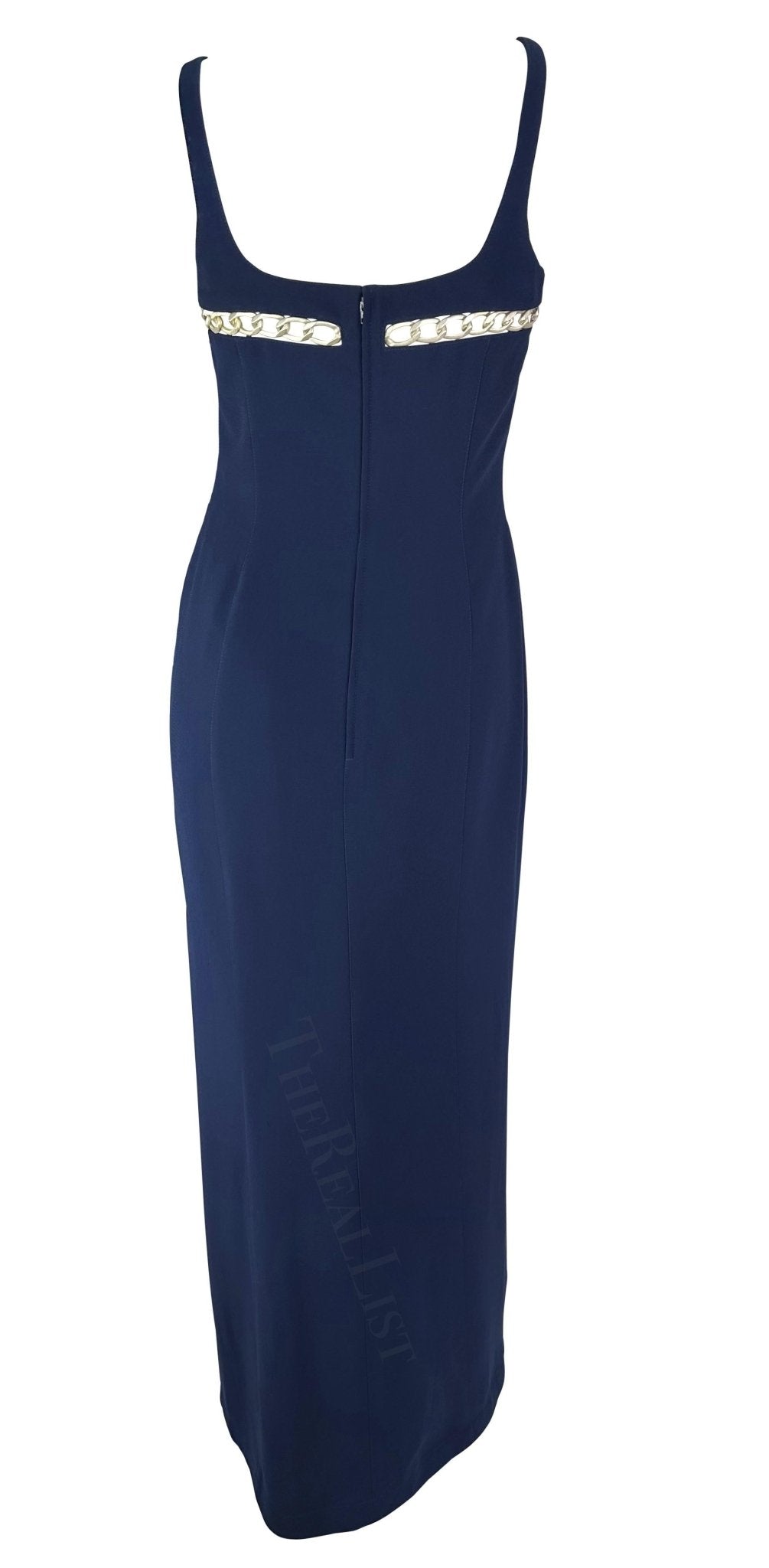 Cruise 1999 Thierry Mugler Navy Silver Chain Cutout Accent Slit Gown - RealList