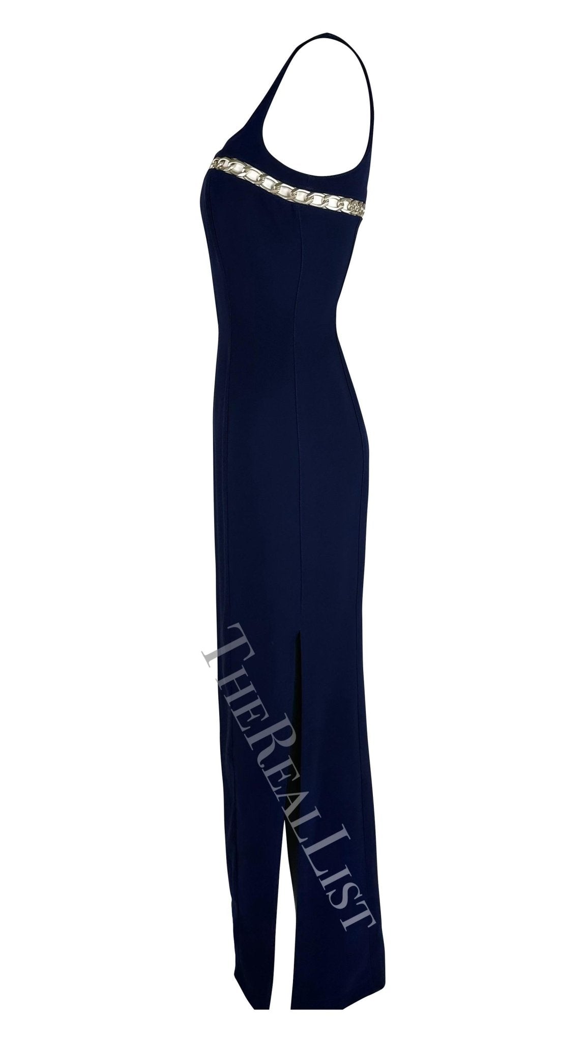 Cruise 1999 Thierry Mugler Navy Silver Chain Cutout Accent Slit Gown - RealList
