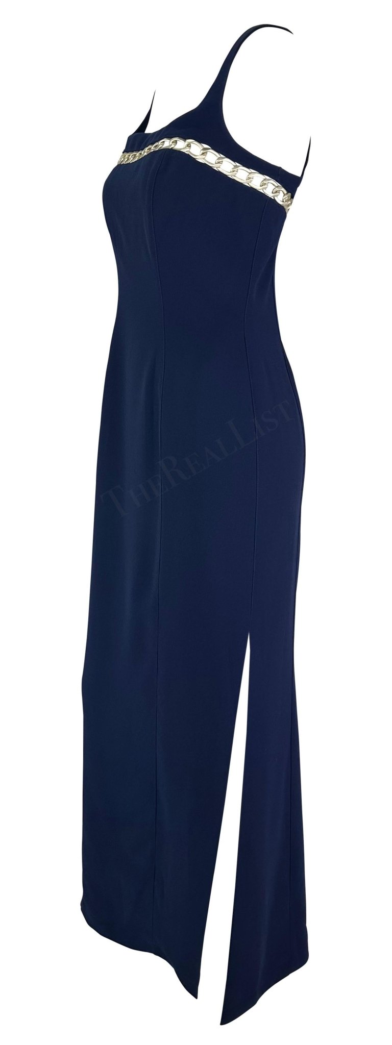 Cruise 1999 Thierry Mugler Navy Silver Chain Cutout Accent Slit Gown - RealList