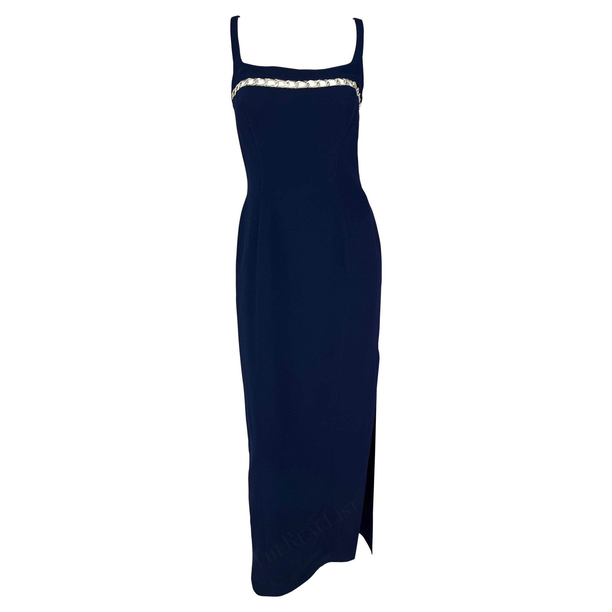 Cruise 1999 Thierry Mugler Navy Silver Chain Cutout Accent Slit Gown - RealList