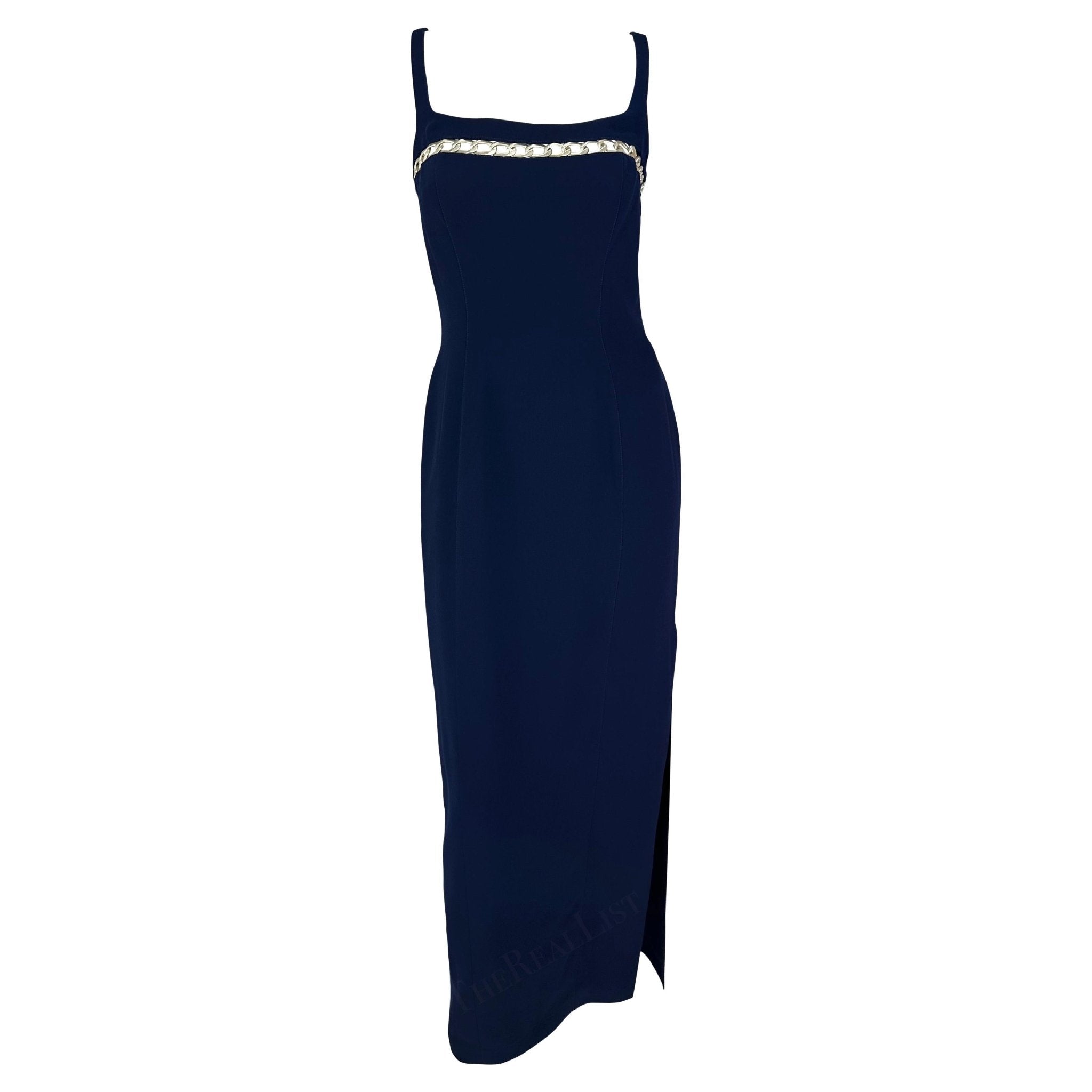 Cruise 1999 Thierry Mugler Navy Silver Chain Cutout Accent Slit Gown - RealList