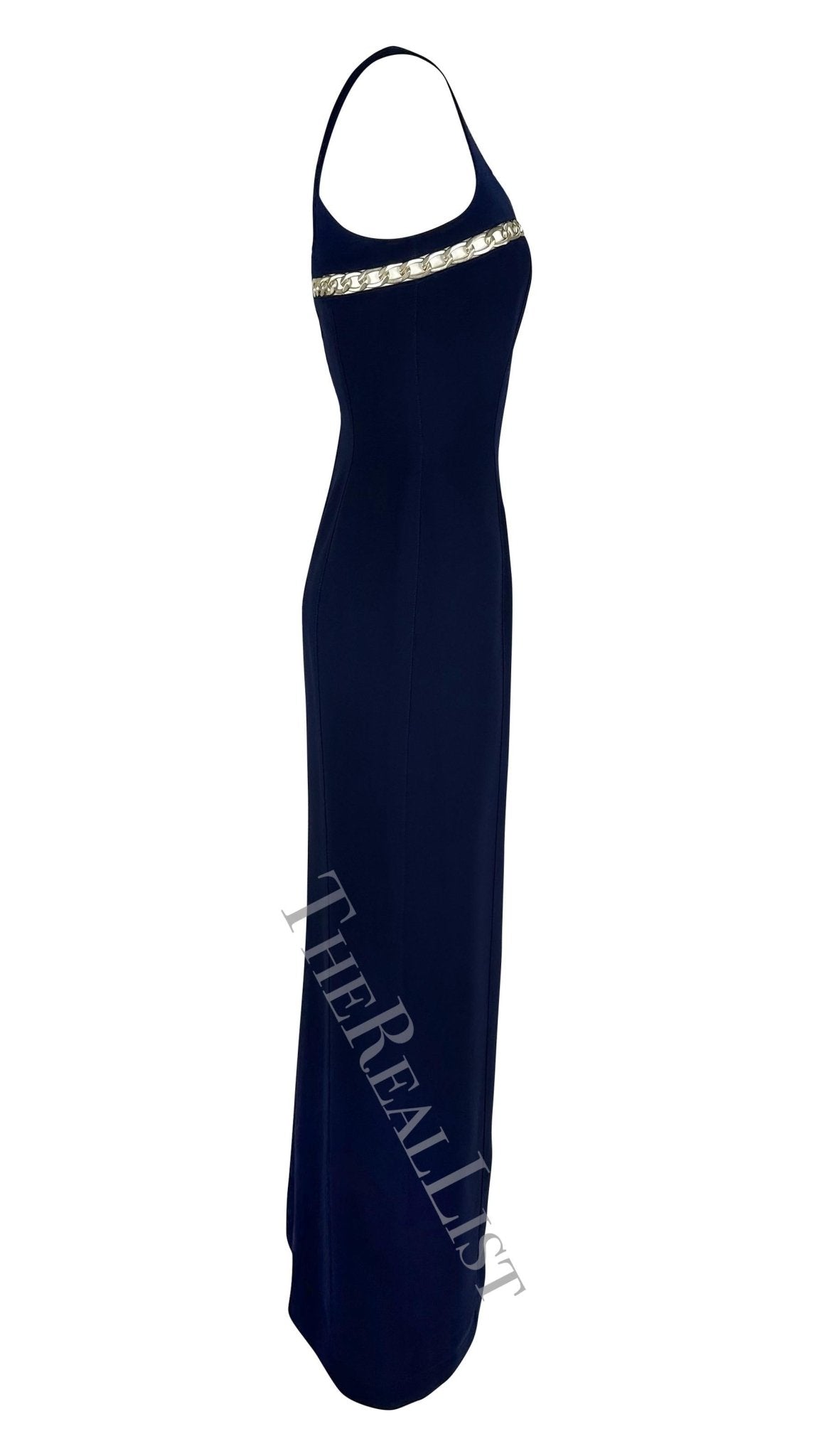 Cruise 1999 Thierry Mugler Navy Silver Chain Cutout Accent Slit Gown - RealList