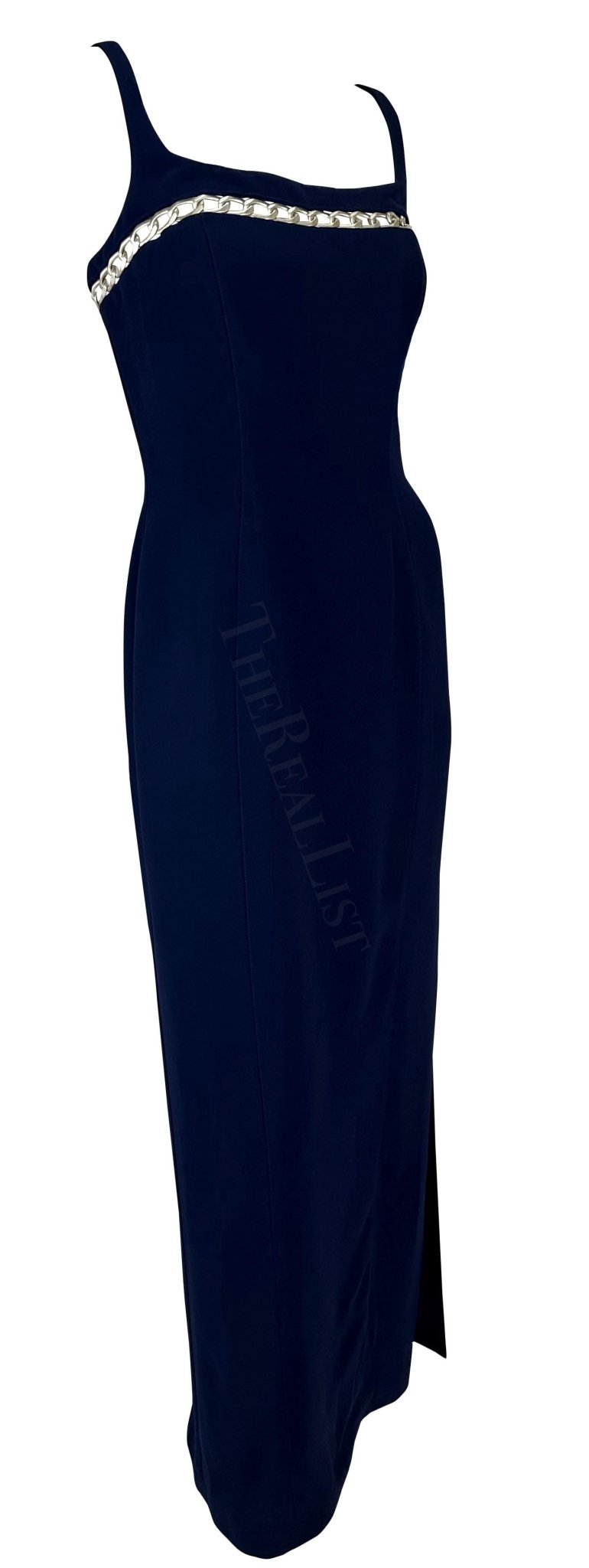 Cruise 1999 Thierry Mugler Navy Silver Chain Cutout Accent Slit Gown - RealList