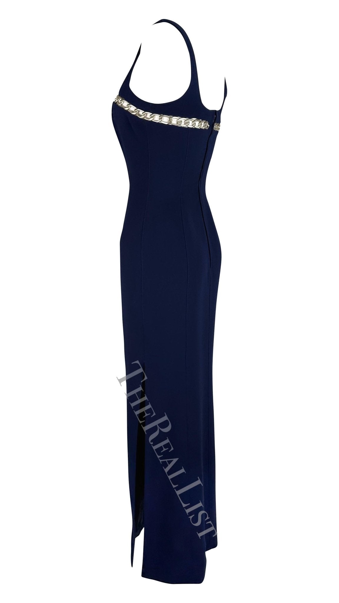 Cruise 1999 Thierry Mugler Navy Silver Chain Cutout Accent Slit Gown - RealList
