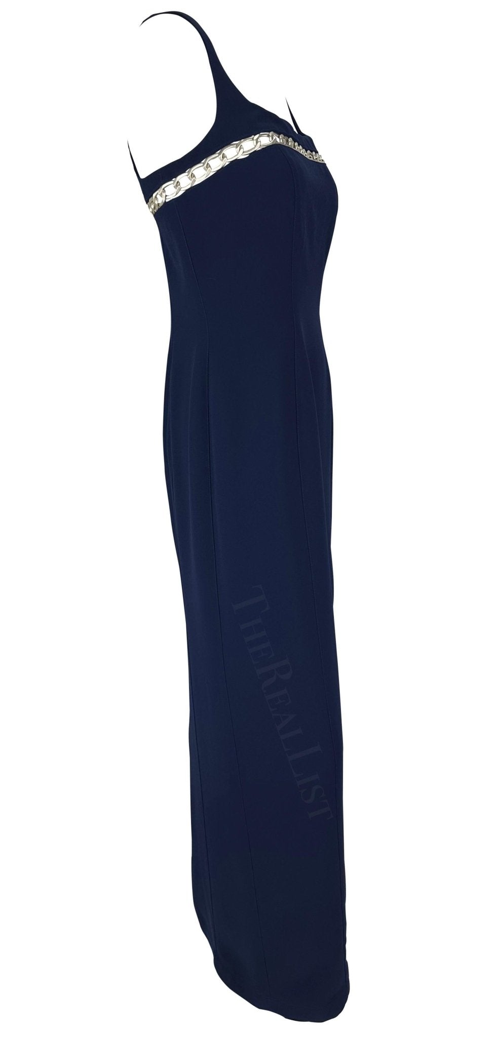 Cruise 1999 Thierry Mugler Navy Silver Chain Cutout Accent Slit Gown - RealList