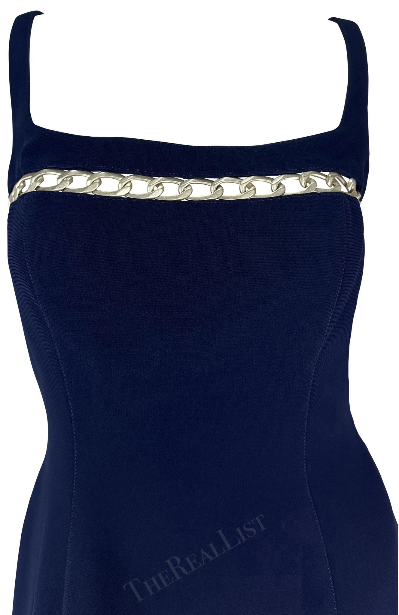 Cruise 1999 Thierry Mugler Navy Silver Chain Cutout Accent Slit Gown - RealList