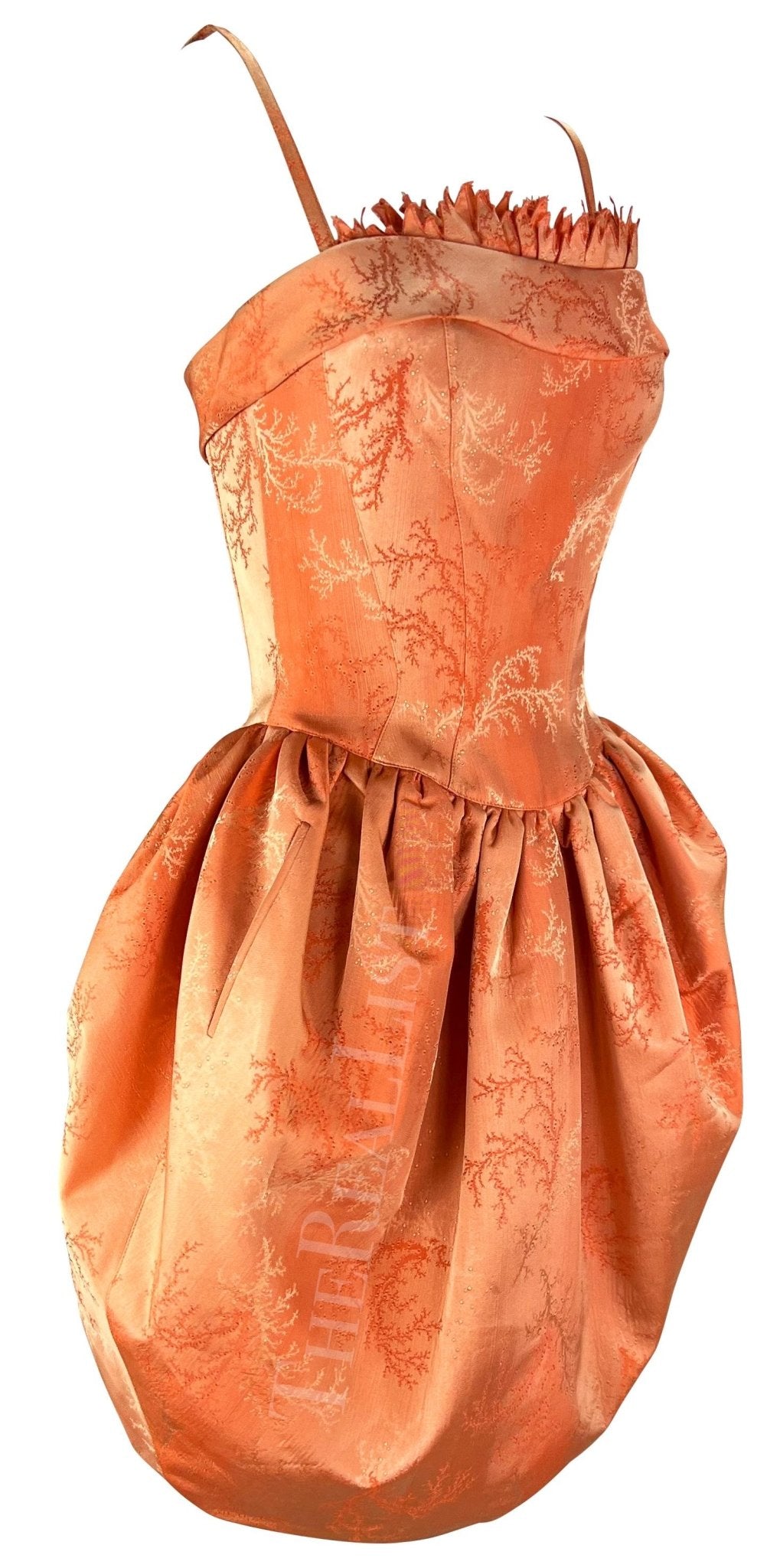 Cruise 1999 Thierry Mugler Orange Coral Jacquard Corset Boned Bubble Dress - RealList