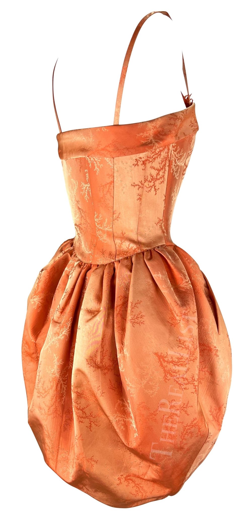 Cruise 1999 Thierry Mugler Orange Coral Jacquard Corset Boned Bubble Dress - RealList