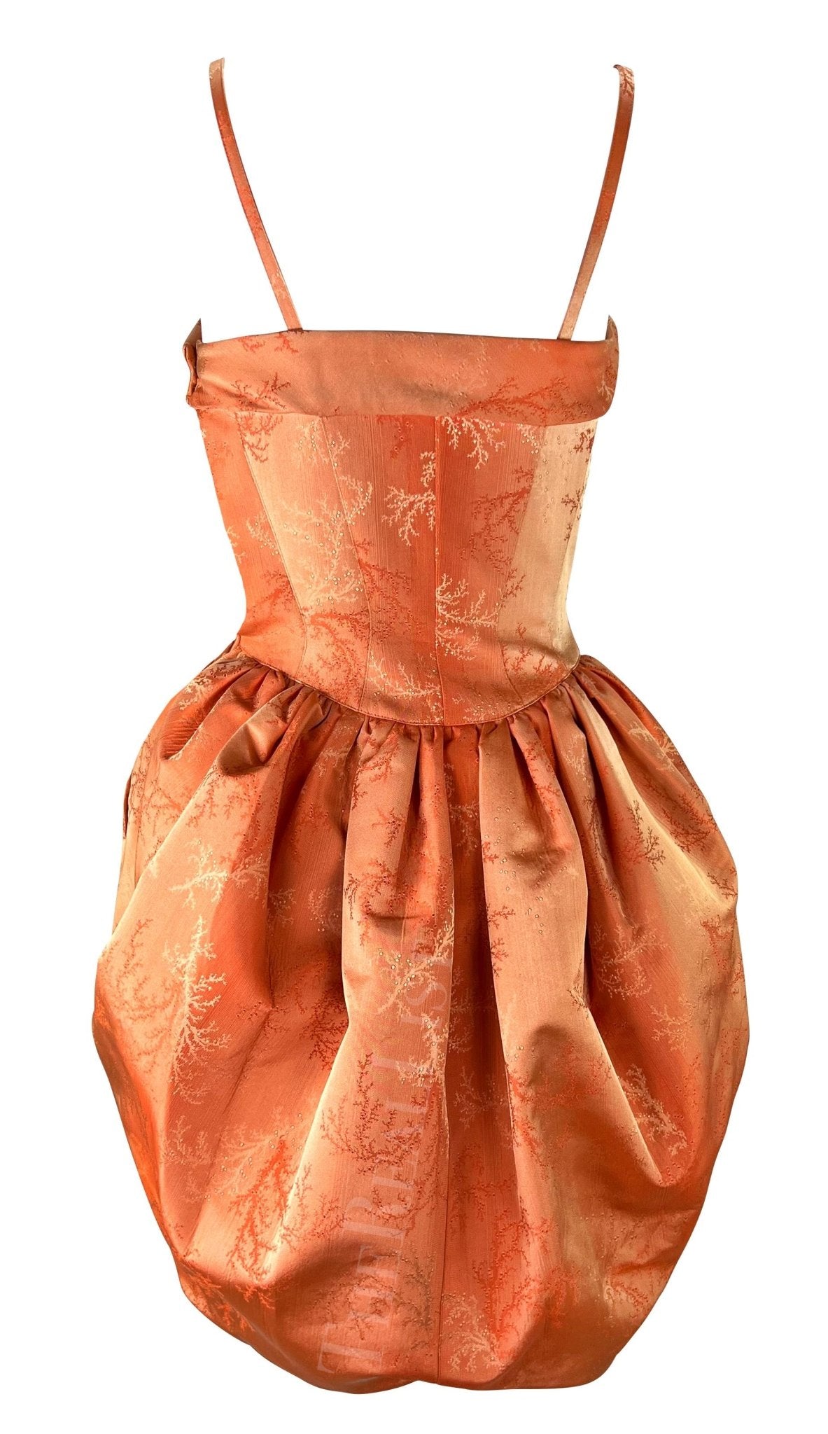 Cruise 1999 Thierry Mugler Orange Coral Jacquard Corset Boned Bubble Dress - RealList