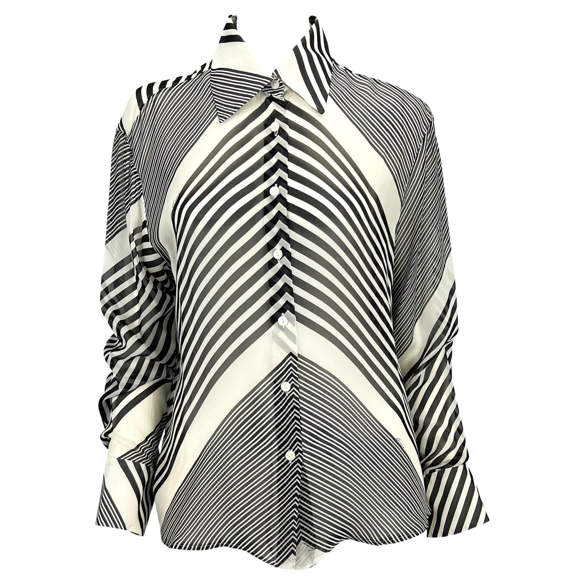 Cruise 2000 Gucci by Tom Ford Black White Stripe Sheer Button Up Top - RealList