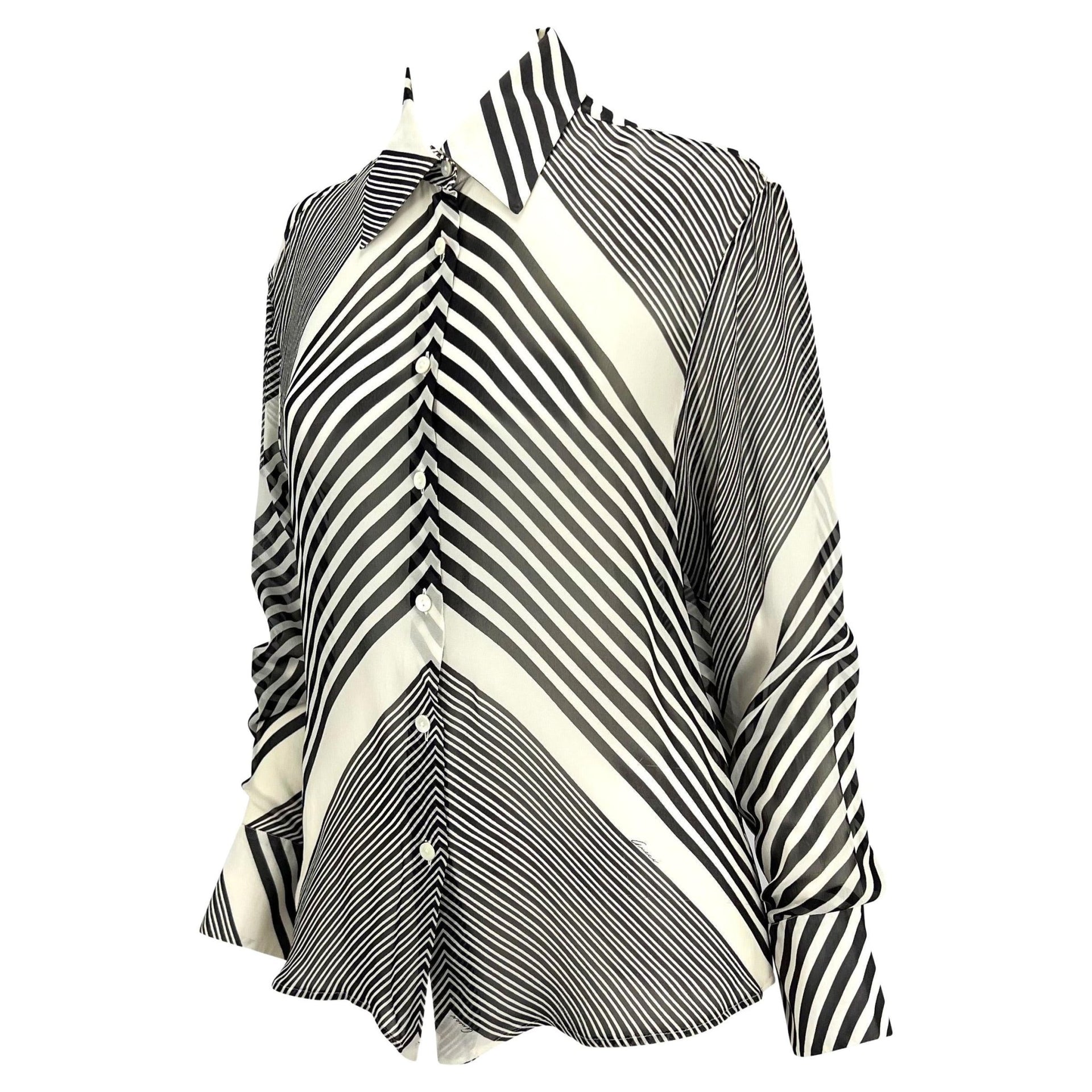 Cruise 2000 Gucci by Tom Ford Black White Stripe Sheer Button Up Top - RealList