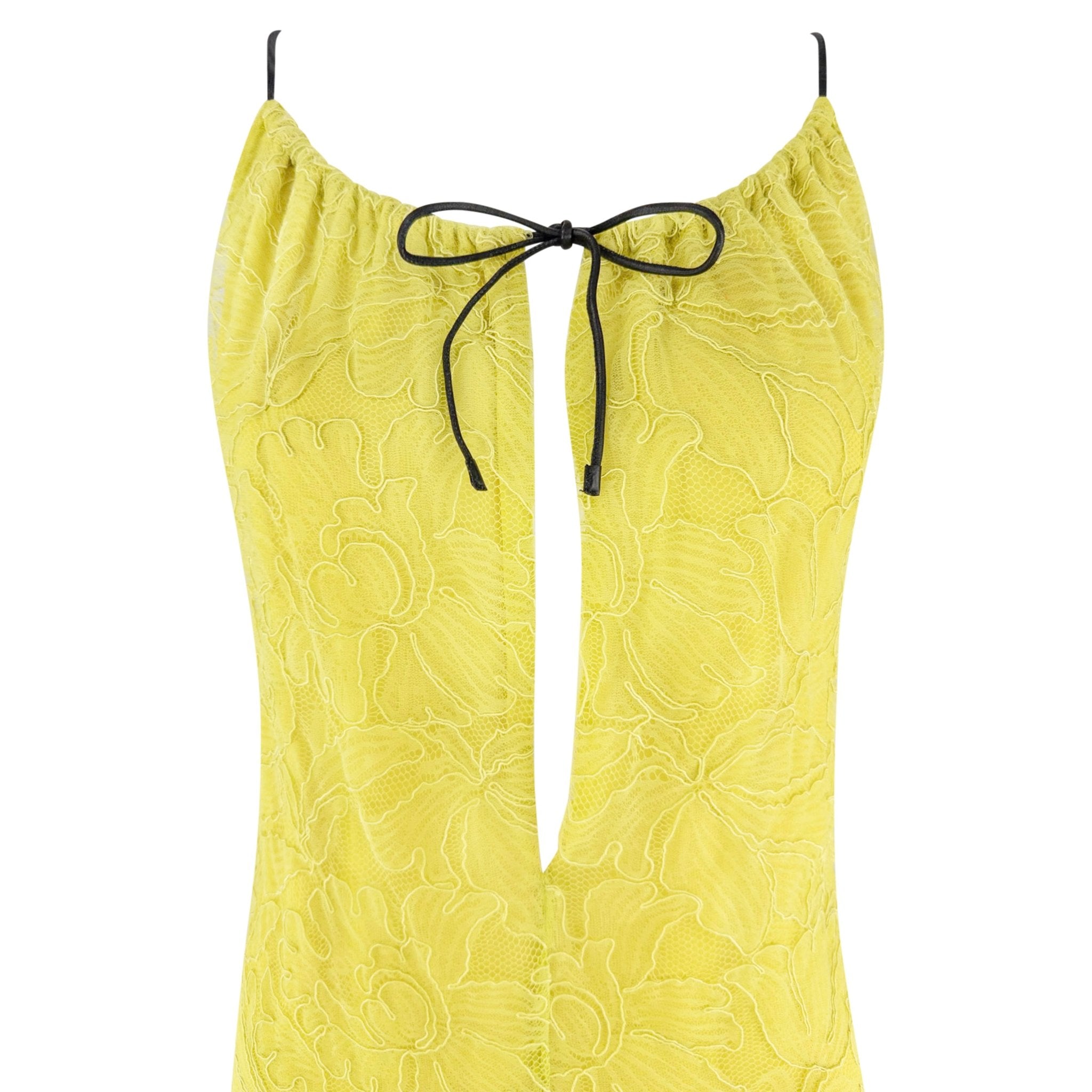 Cruise 2000 Gucci by Tom Ford Prototype Yellow Silk Lace Asymmetric Dress - RealList