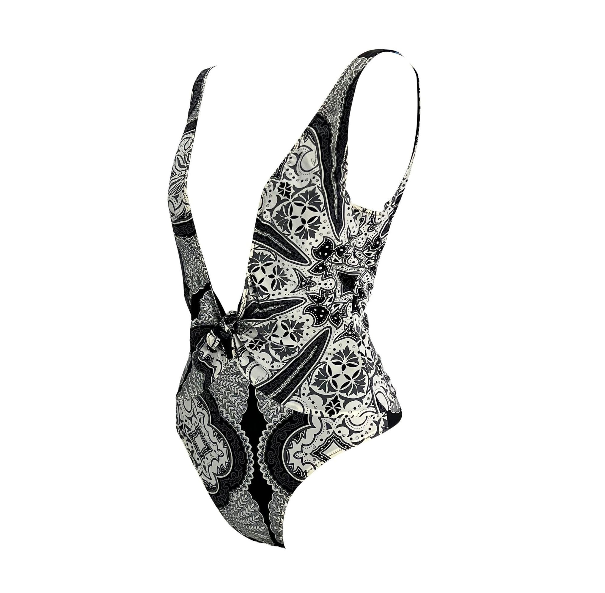 Cruise 2004 Gucci by Tom Ford Black Bandana Print One Piece Thong Swimsuit - RealList