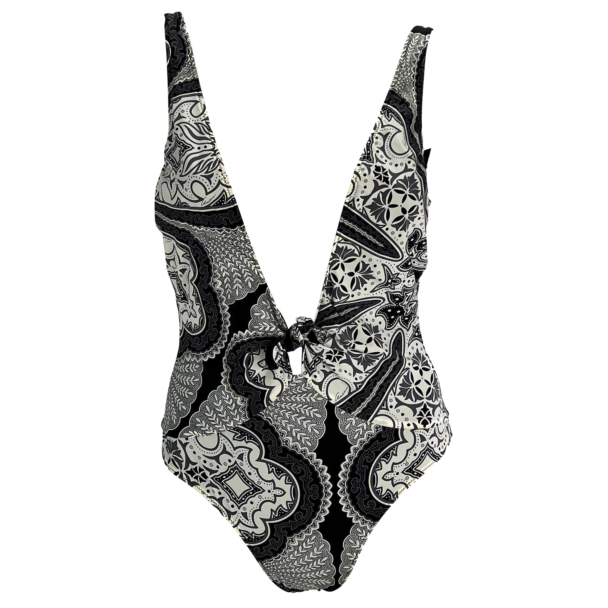 Cruise 2004 Gucci by Tom Ford Black Bandana Print One Piece Thong Swimsuit - RealList