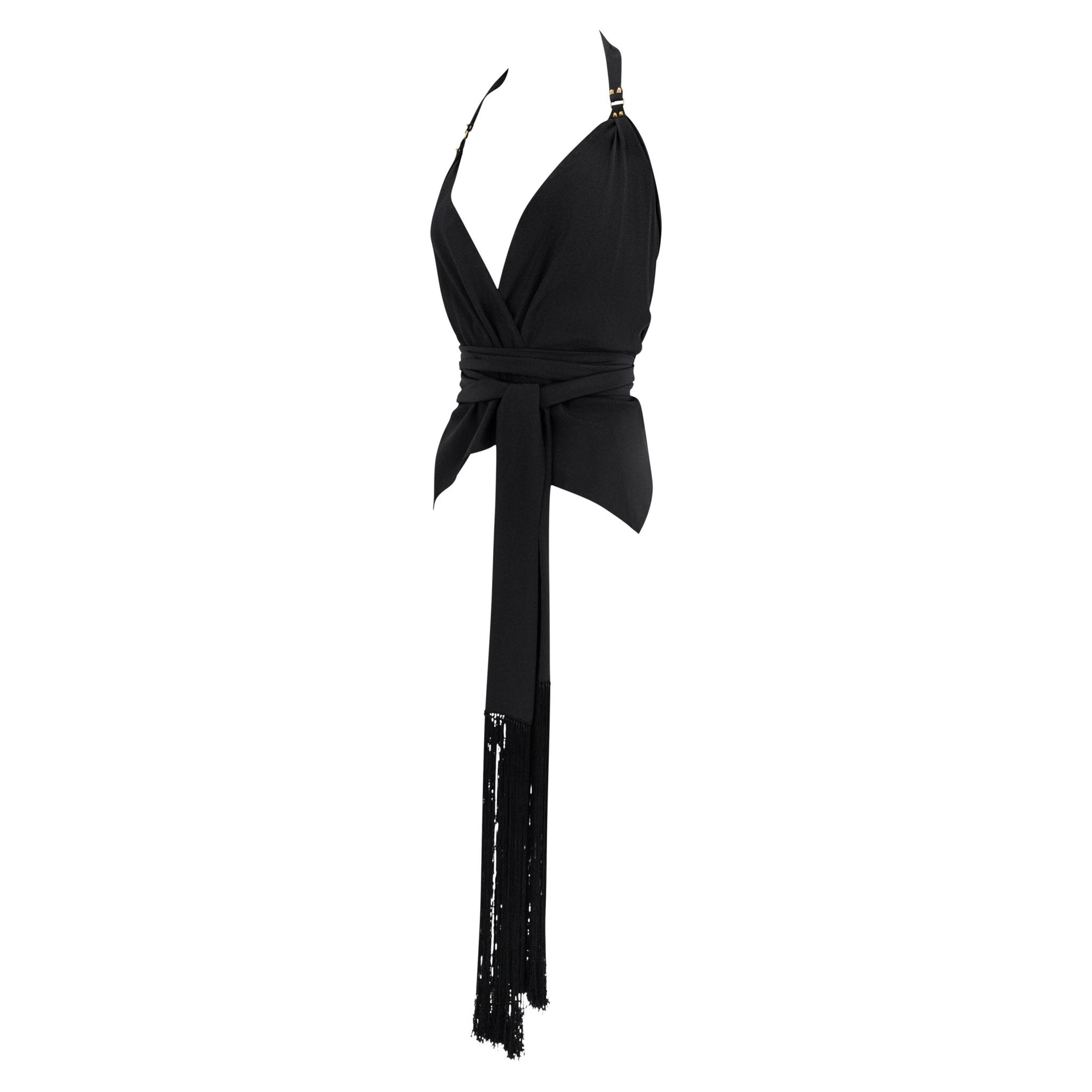 Cruise 2004 Gucci by Tom Ford Black Silk Fringe Scarf Wrap Crop Top - RealList