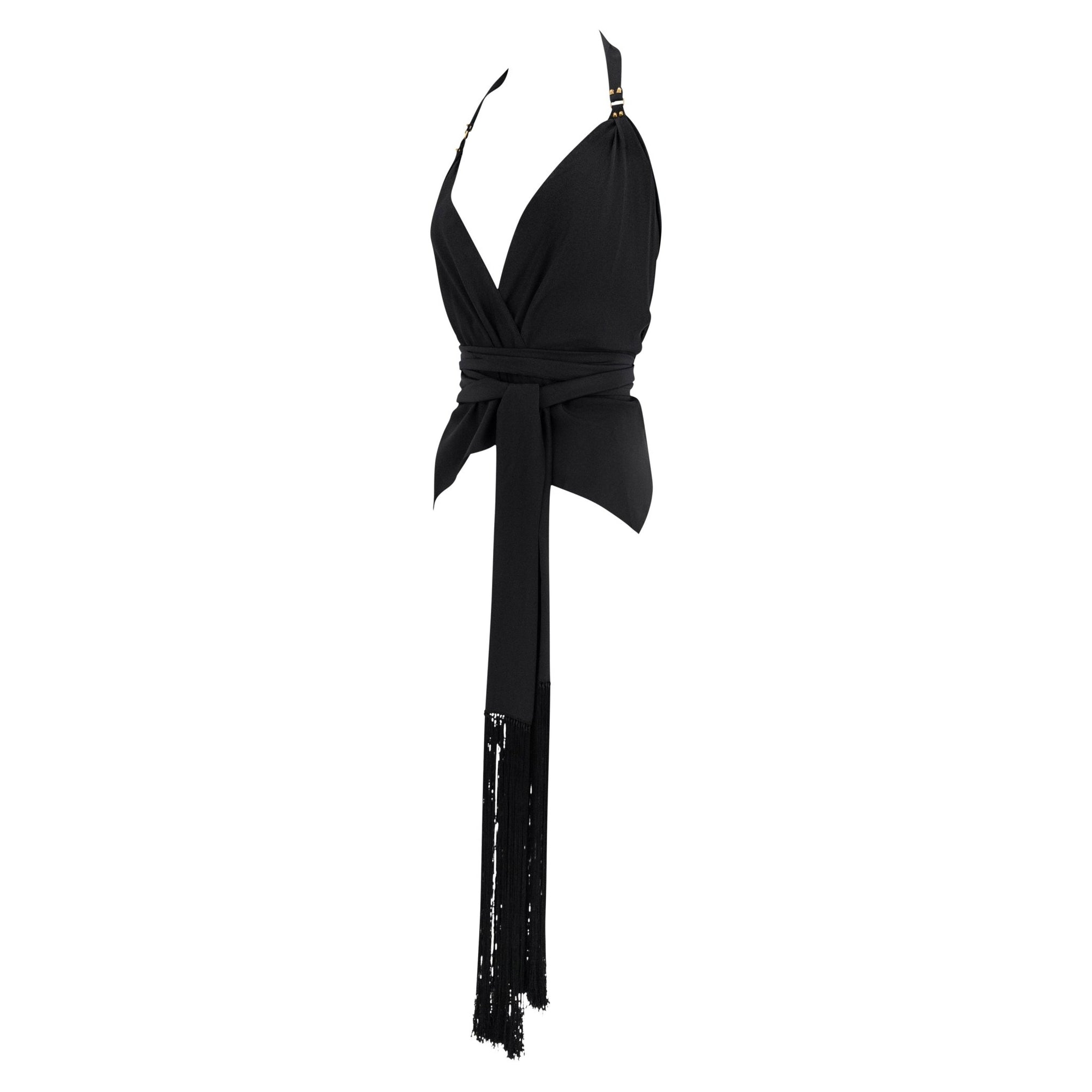 Cruise 2004 Gucci by Tom Ford Black Silk Fringe Scarf Wrap Crop Top - RealList