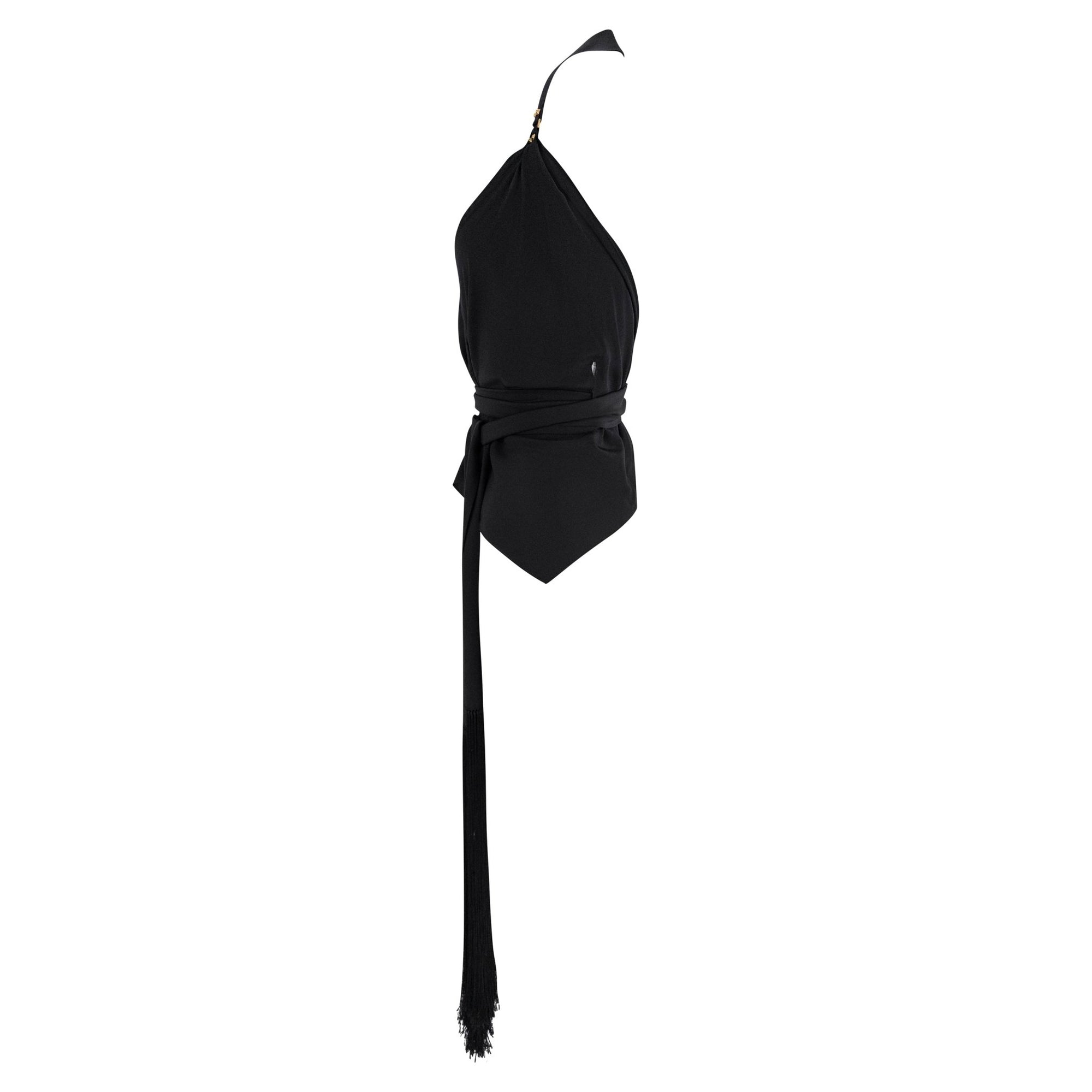 Cruise 2004 Gucci by Tom Ford Black Silk Fringe Scarf Wrap Crop Top - RealList