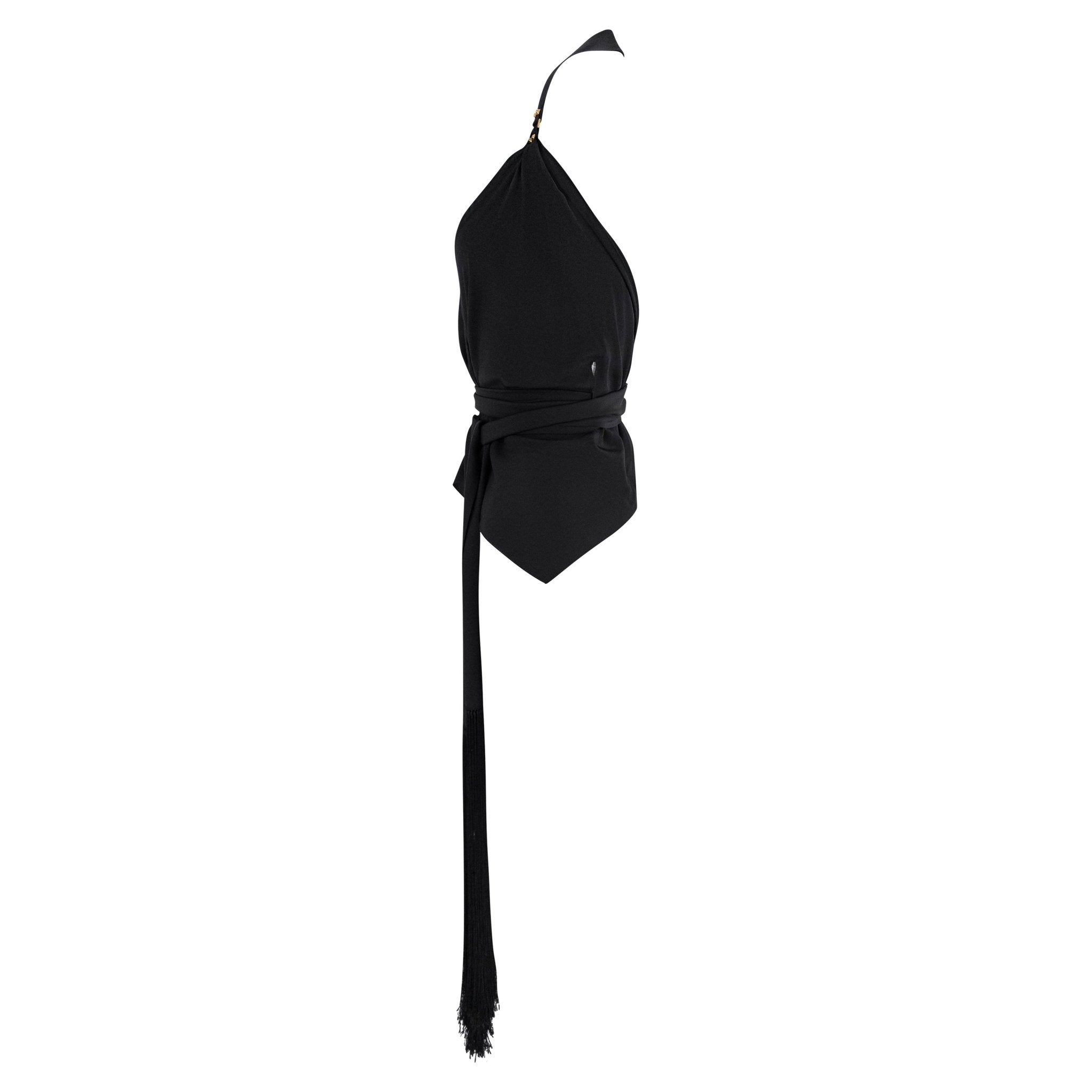 Cruise 2004 Gucci by Tom Ford Black Silk Fringe Scarf Wrap Crop Top - RealList