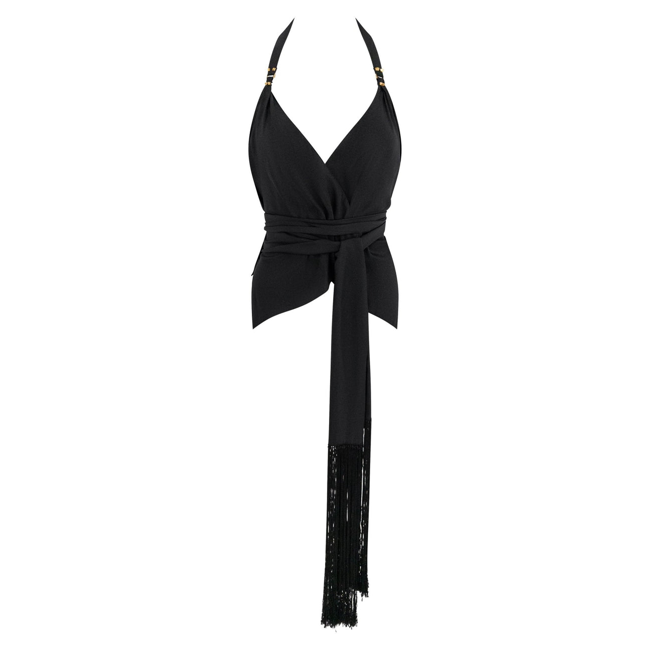 Cruise 2004 Gucci by Tom Ford Black Silk Fringe Scarf Wrap Crop Top - RealList