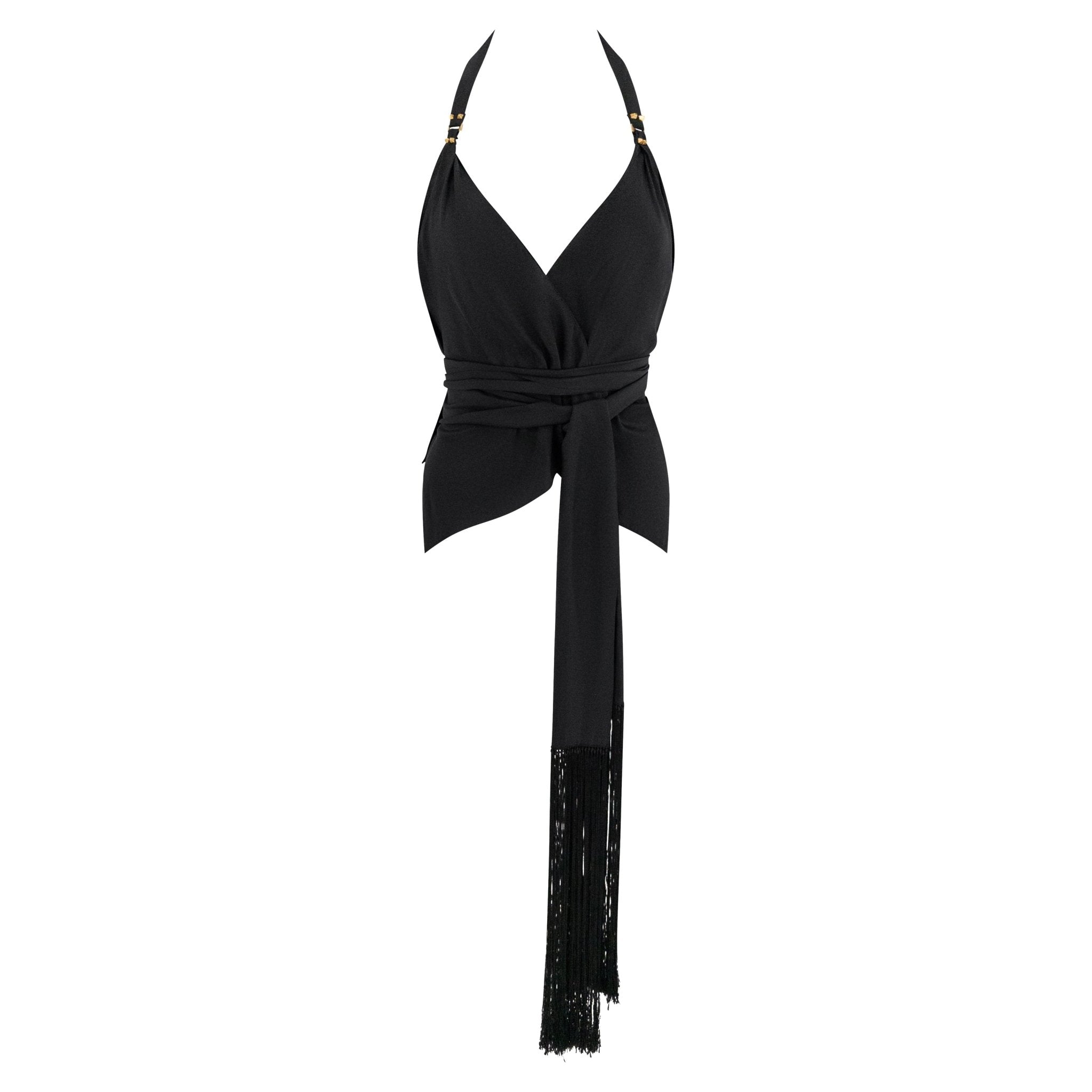 Cruise 2004 Gucci by Tom Ford Black Silk Fringe Scarf Wrap Crop Top - RealList