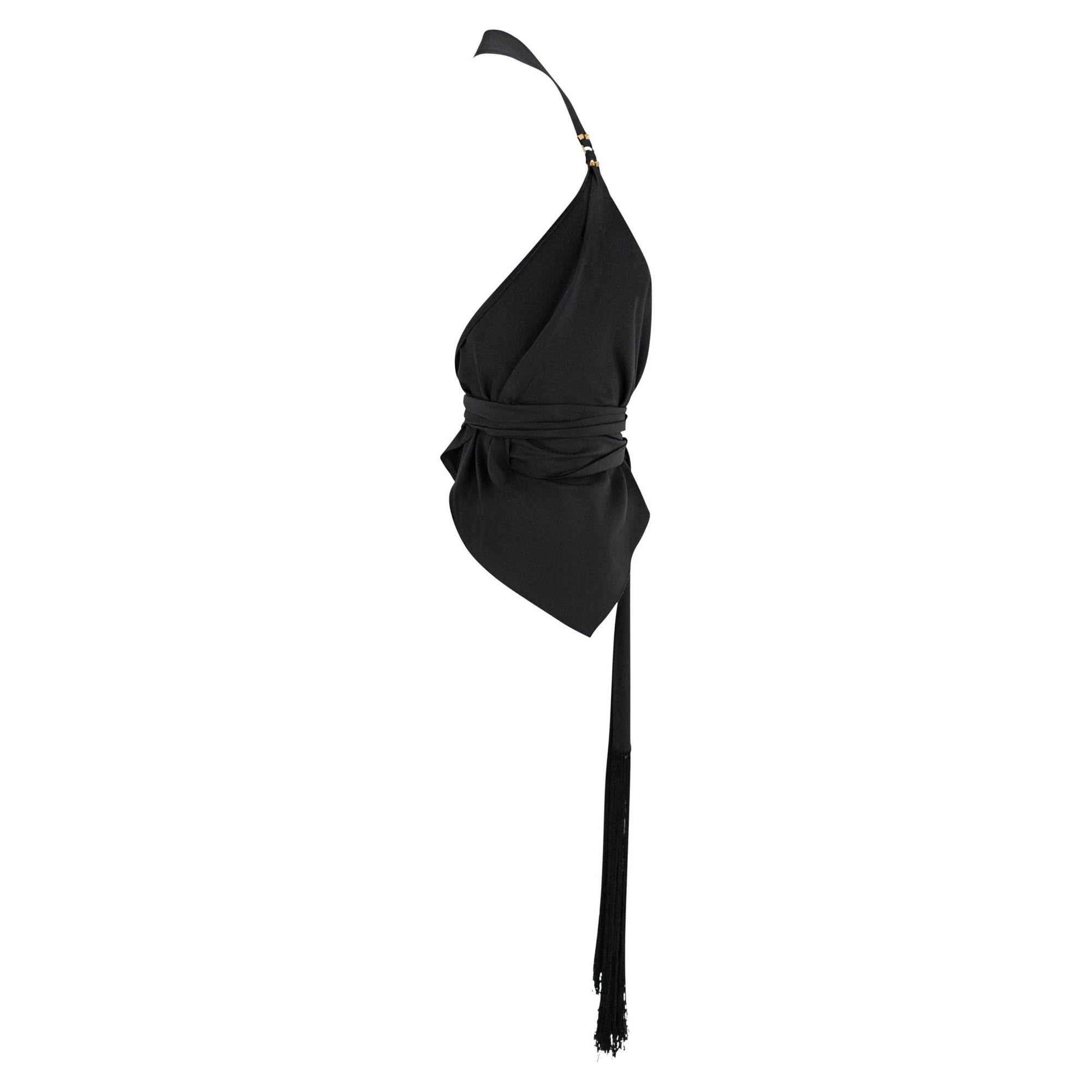 Cruise 2004 Gucci by Tom Ford Black Silk Fringe Scarf Wrap Crop Top - RealList