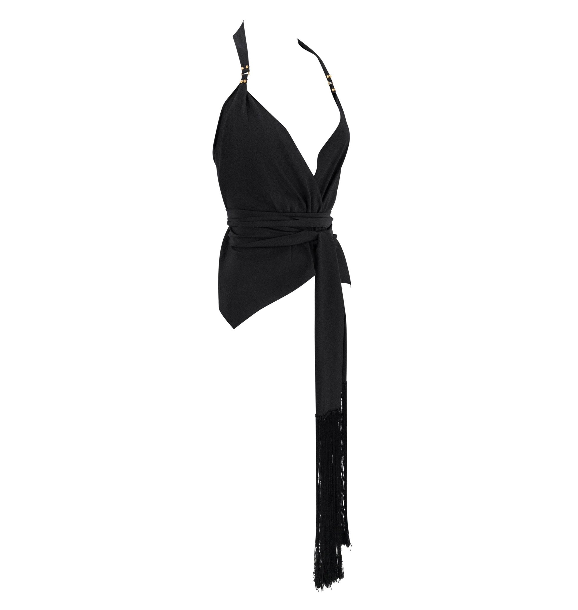Cruise 2004 Gucci by Tom Ford Black Silk Fringe Scarf Wrap Crop Top - RealList
