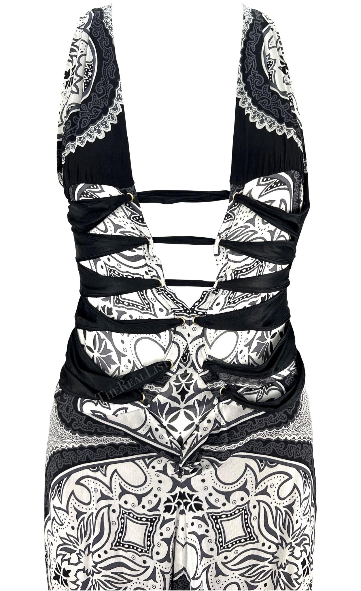 Cruise 2004 Gucci by Tom Ford Black White Paisley Silk Sheer Bandana Print Gown - RealList