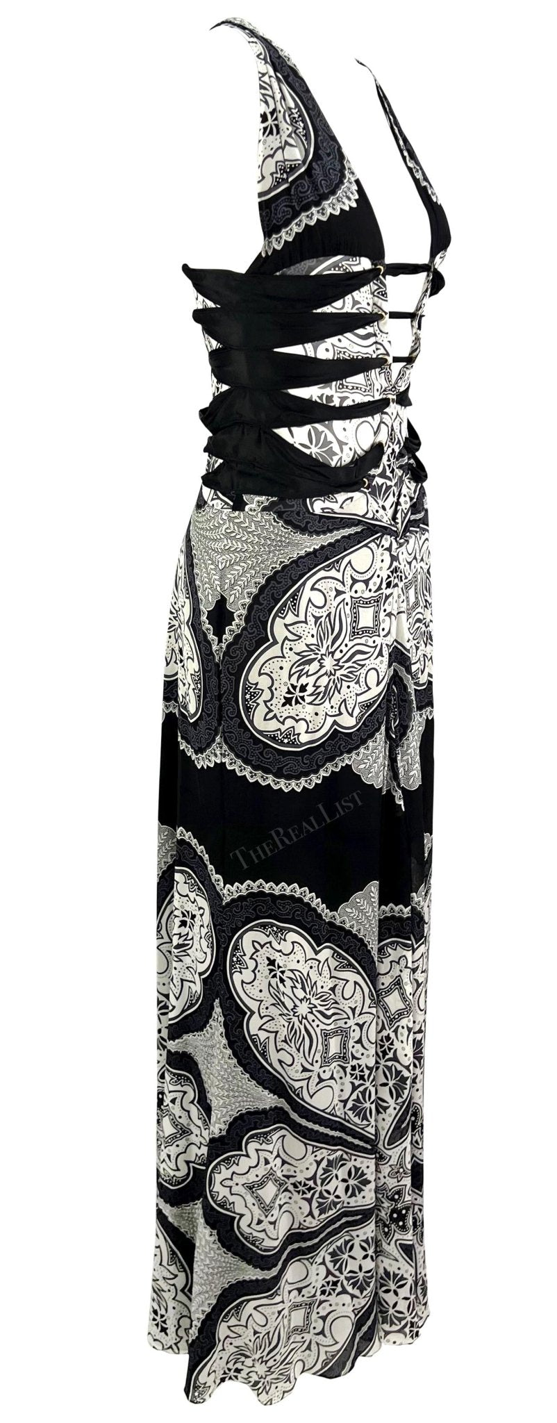 Cruise 2004 Gucci by Tom Ford Black White Paisley Silk Sheer Bandana Print Gown - RealList