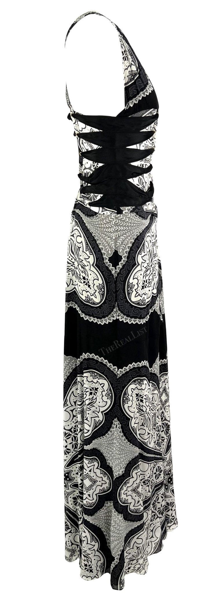 Cruise 2004 Gucci by Tom Ford Black White Paisley Silk Sheer Bandana Print Gown - RealList