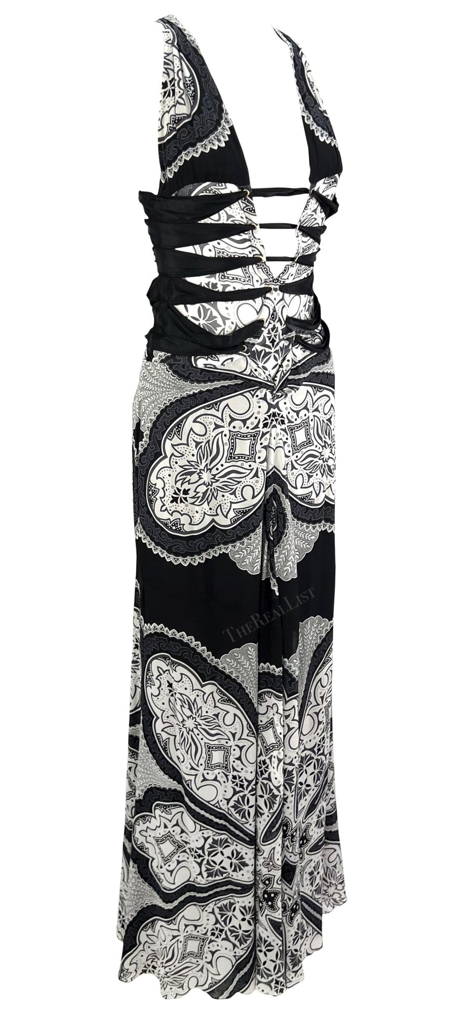 Cruise 2004 Gucci by Tom Ford Black White Paisley Silk Sheer Bandana Print Gown - RealList