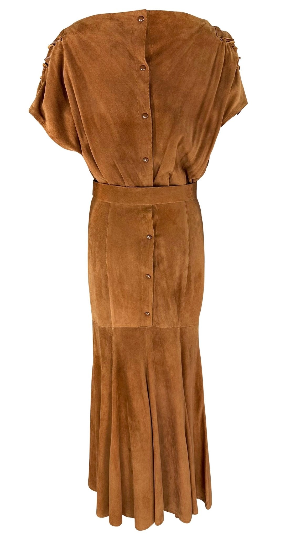 Early 1980s Thierry Mugler Brown Suede Belted Lace - Up Flare Leather Maxi Dress - RealList
