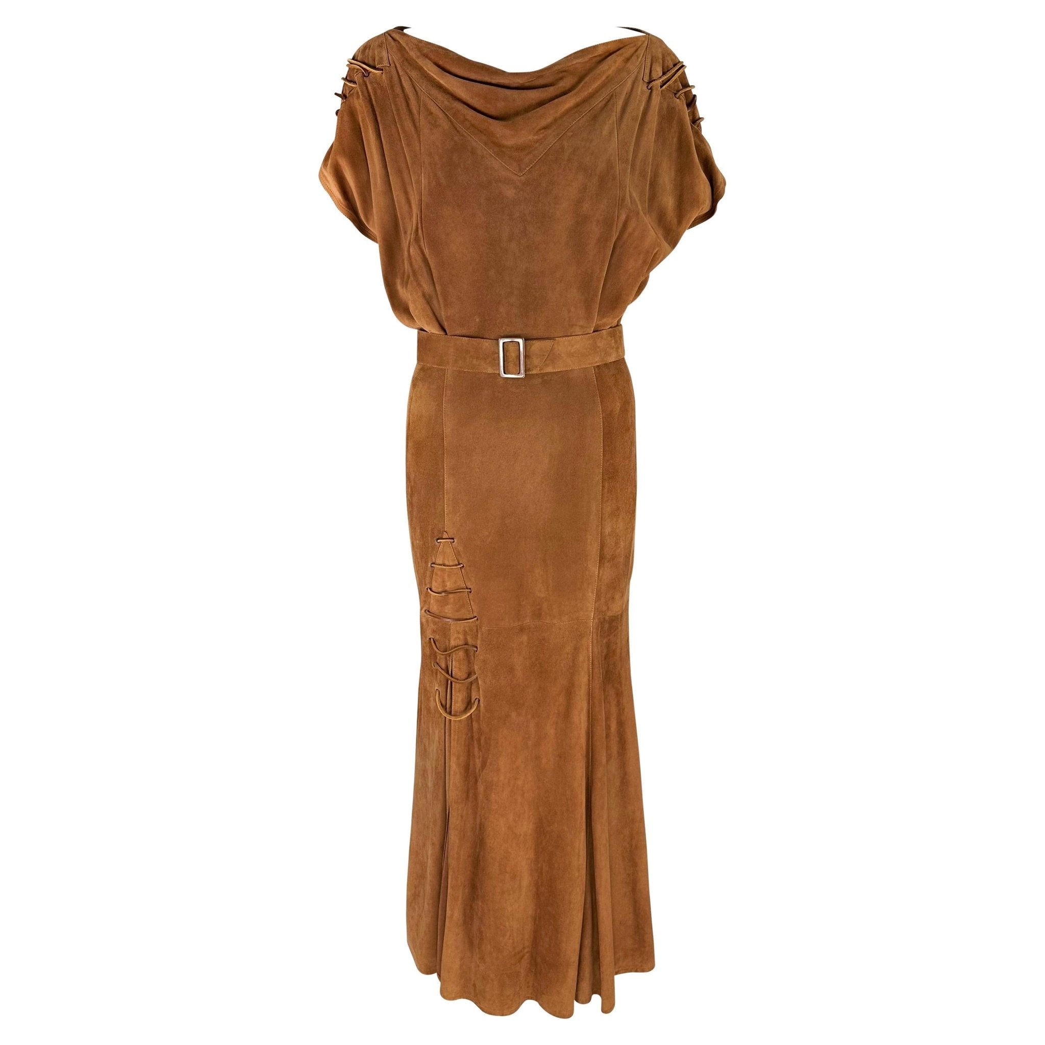 Early 1980s Thierry Mugler Brown Suede Belted Lace - Up Flare Leather Maxi Dress - RealList