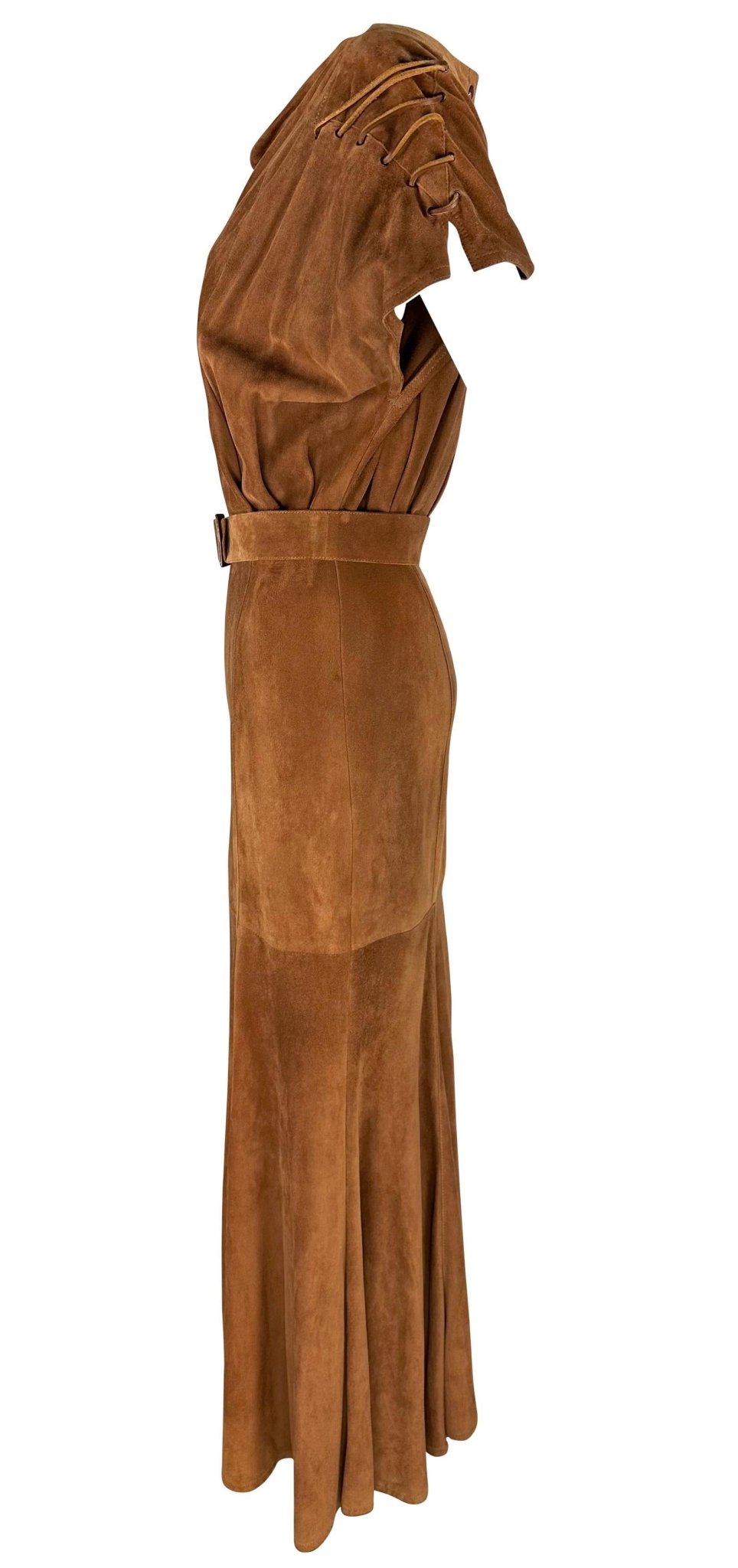 Early 1980s Thierry Mugler Brown Suede Belted Lace - Up Flare Leather Maxi Dress - RealList