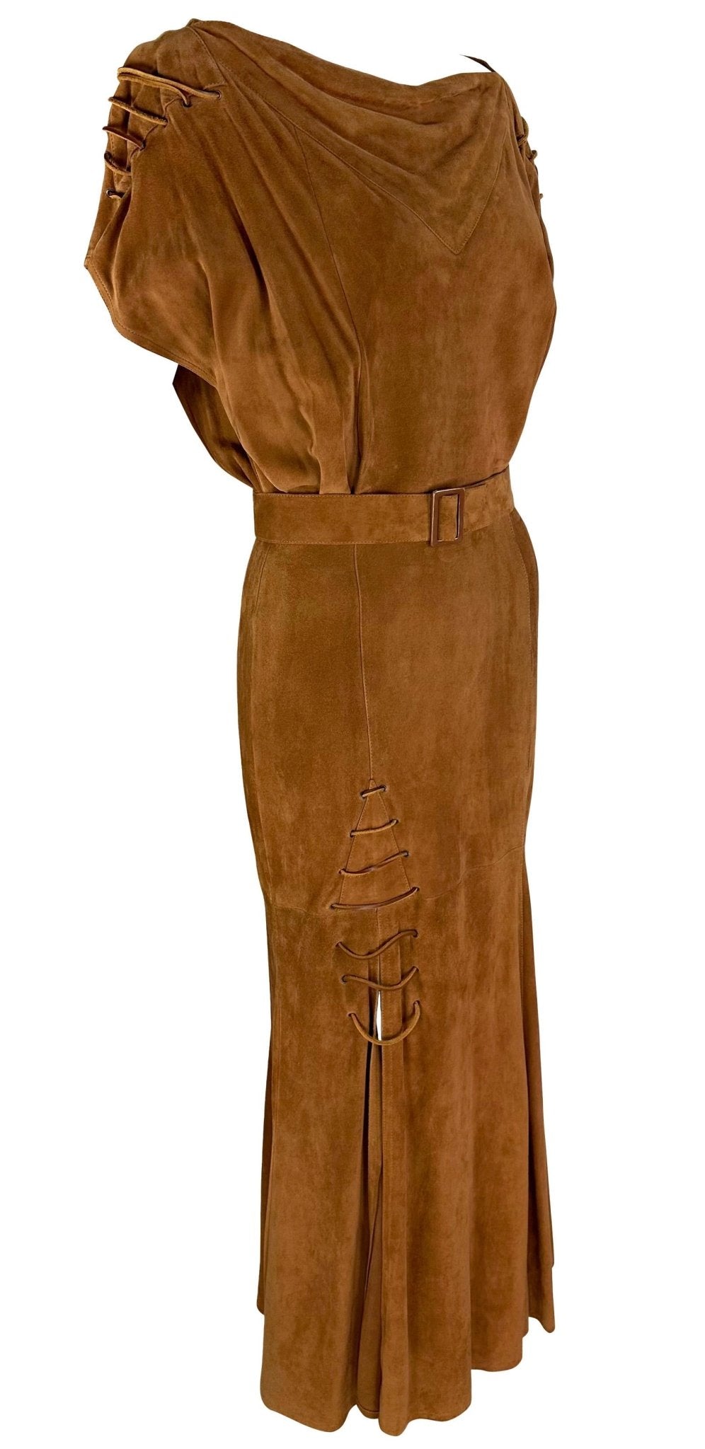 Early 1980s Thierry Mugler Brown Suede Belted Lace - Up Flare Leather Maxi Dress - RealList
