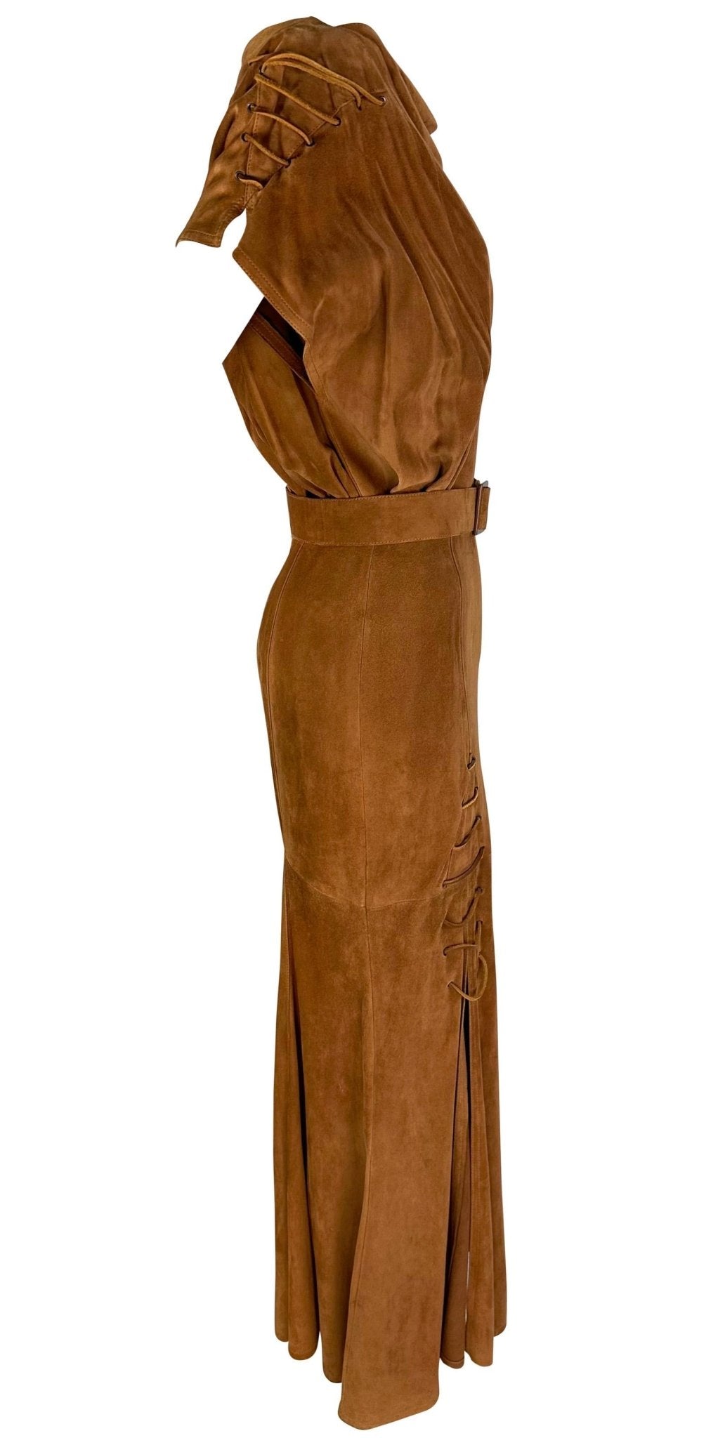 Early 1980s Thierry Mugler Brown Suede Belted Lace - Up Flare Leather Maxi Dress - RealList