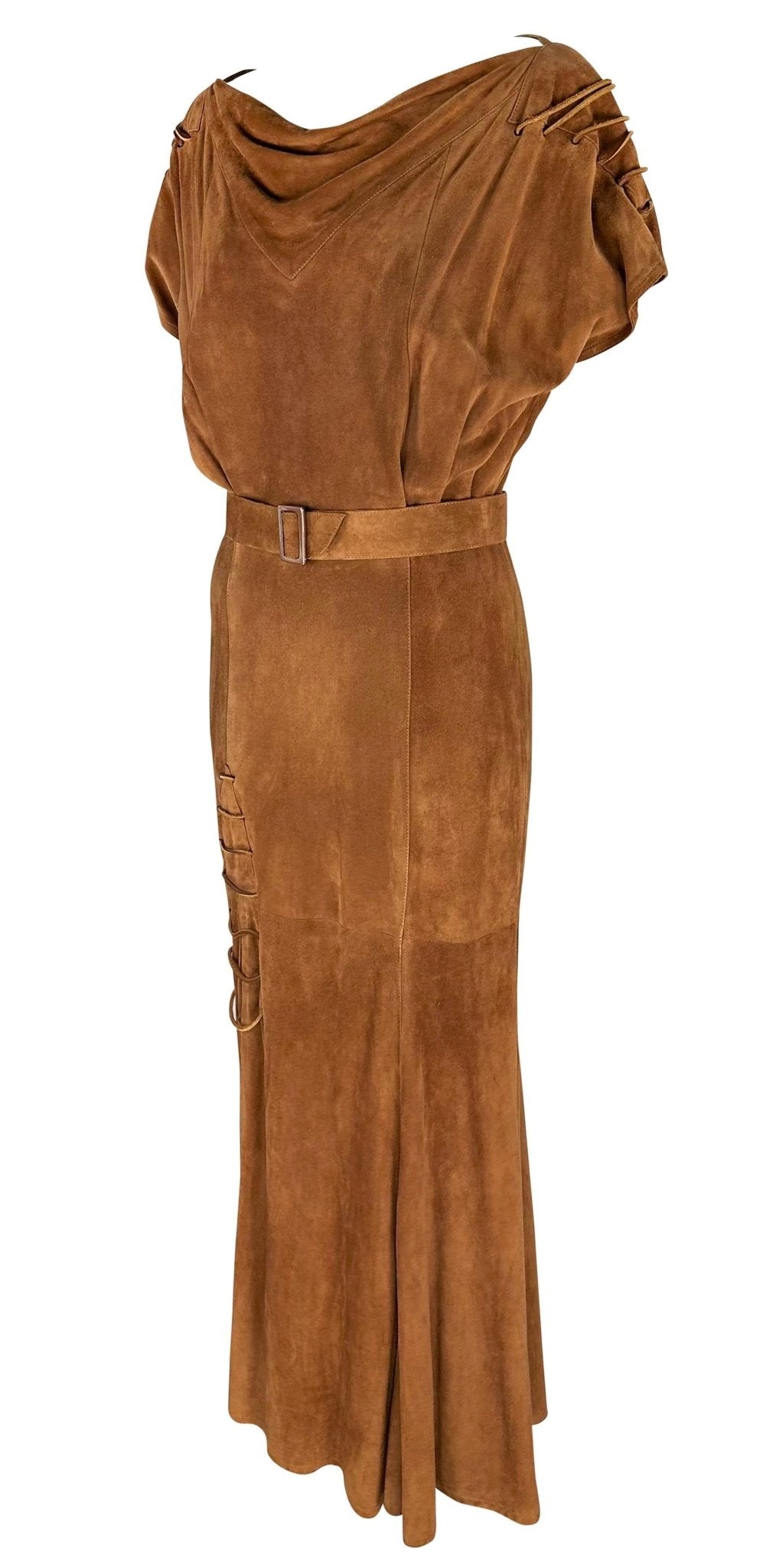 Early 1980s Thierry Mugler Brown Suede Belted Lace - Up Flare Leather Maxi Dress - RealList
