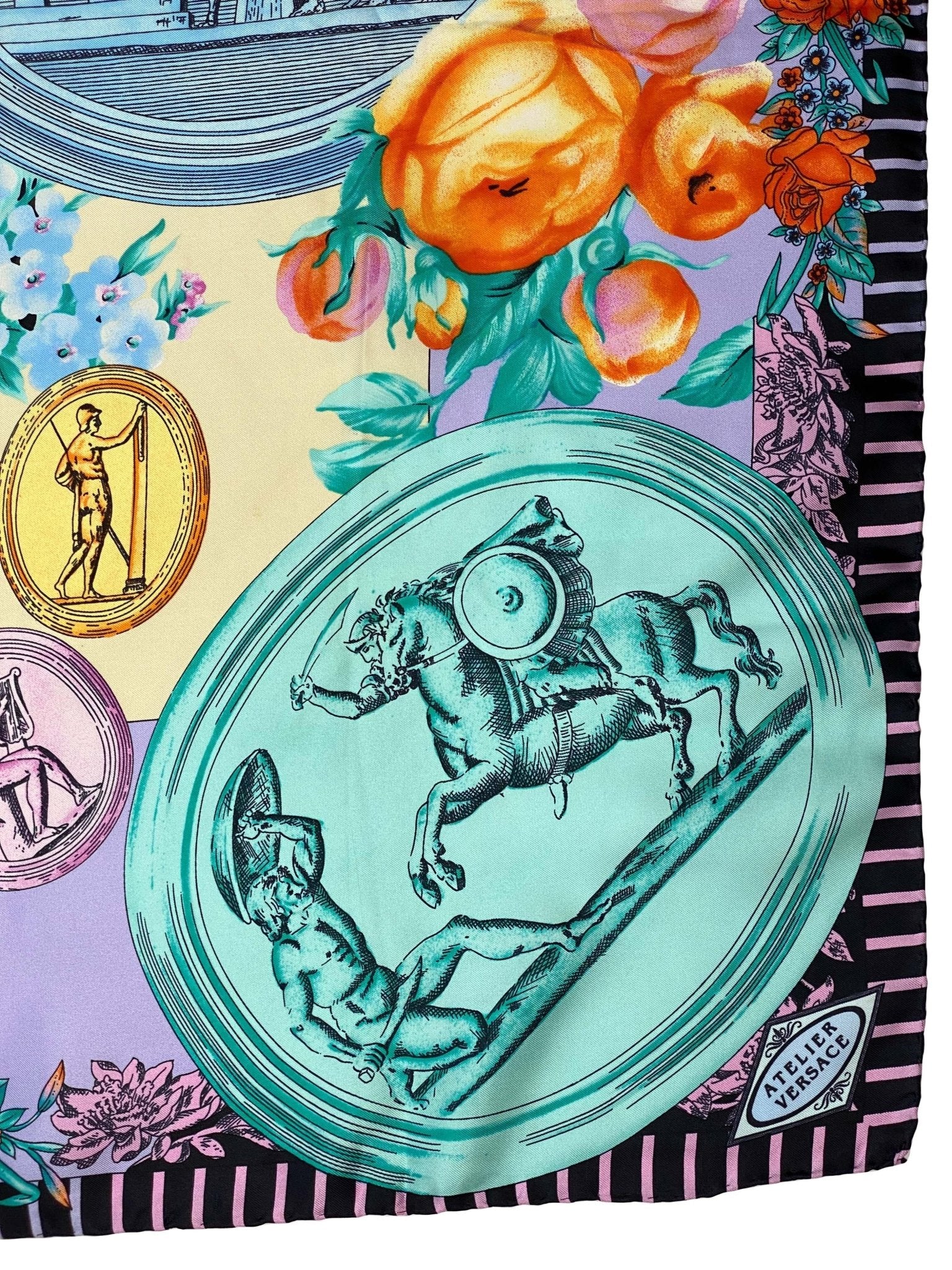 Early 1990s Atelier Versace by Gianni Floral Medallion Silk Square Scarf - RealList