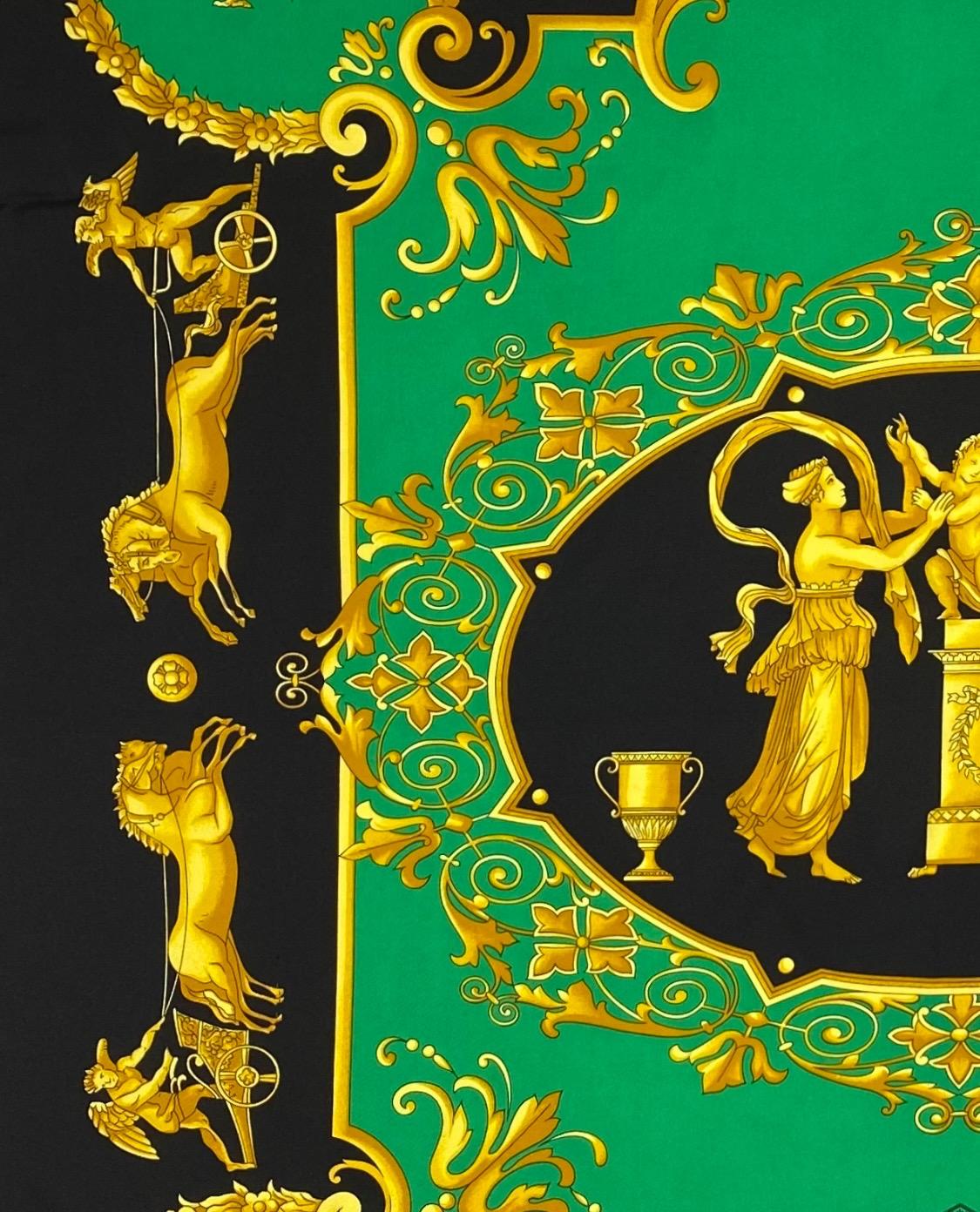 Early 1990s Atelier Versace Green and Gold Baroque Print Square Silk Scarf - RealList